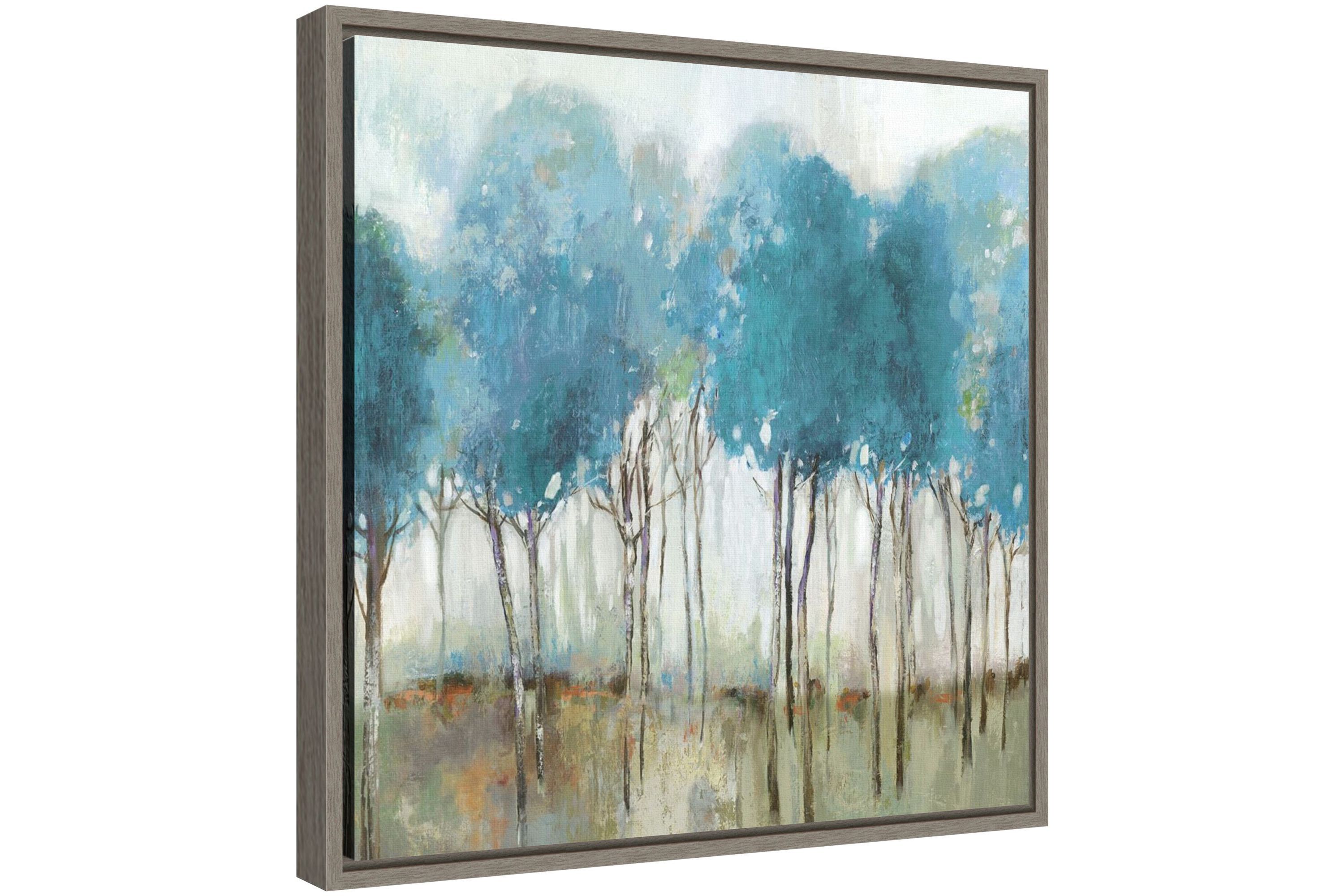 Misty Meadow I (Teal Trees) Framed Canvas Wall Art Print