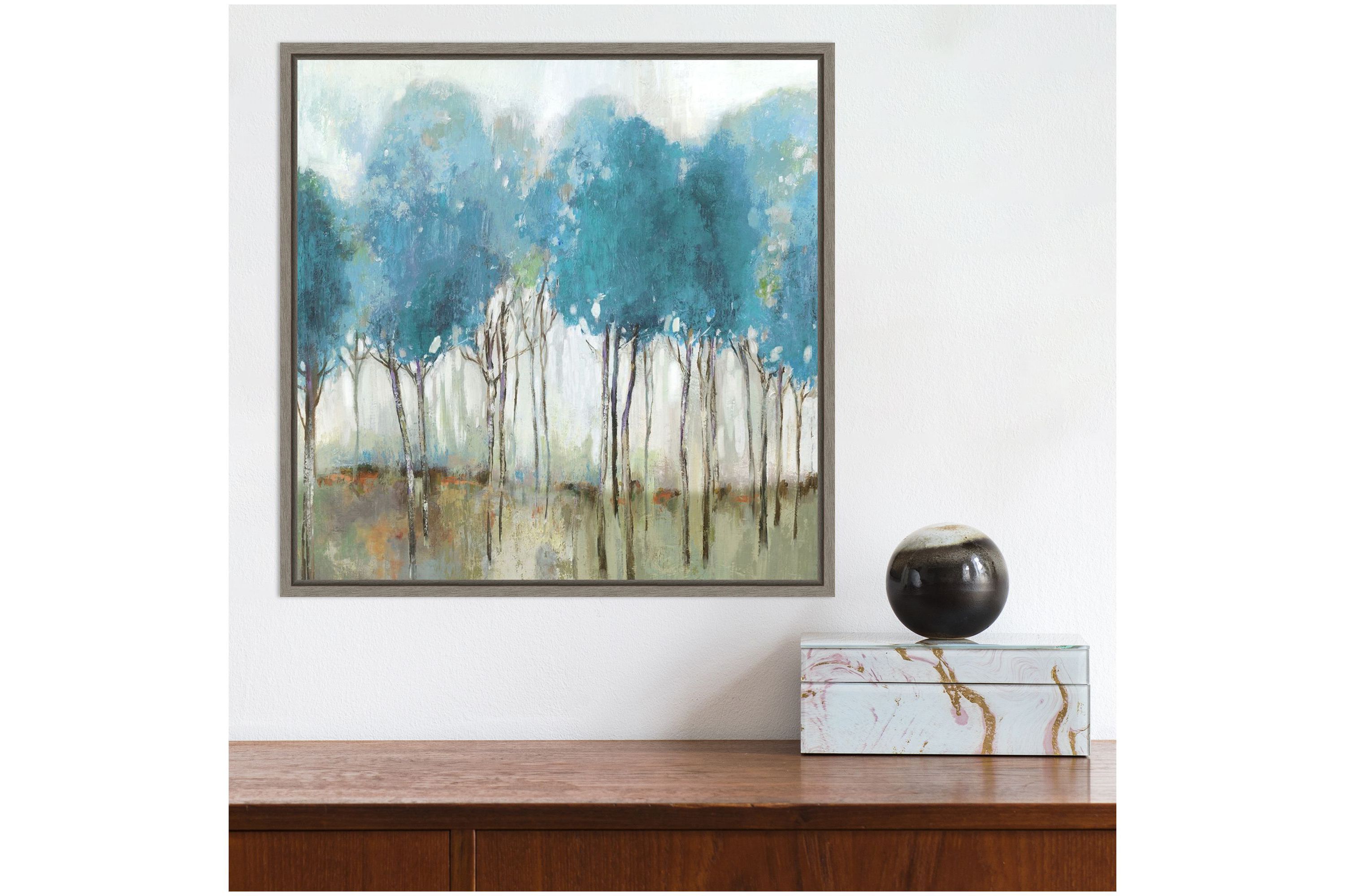 Misty Meadow I (Teal Trees) Framed Canvas Wall Art Print