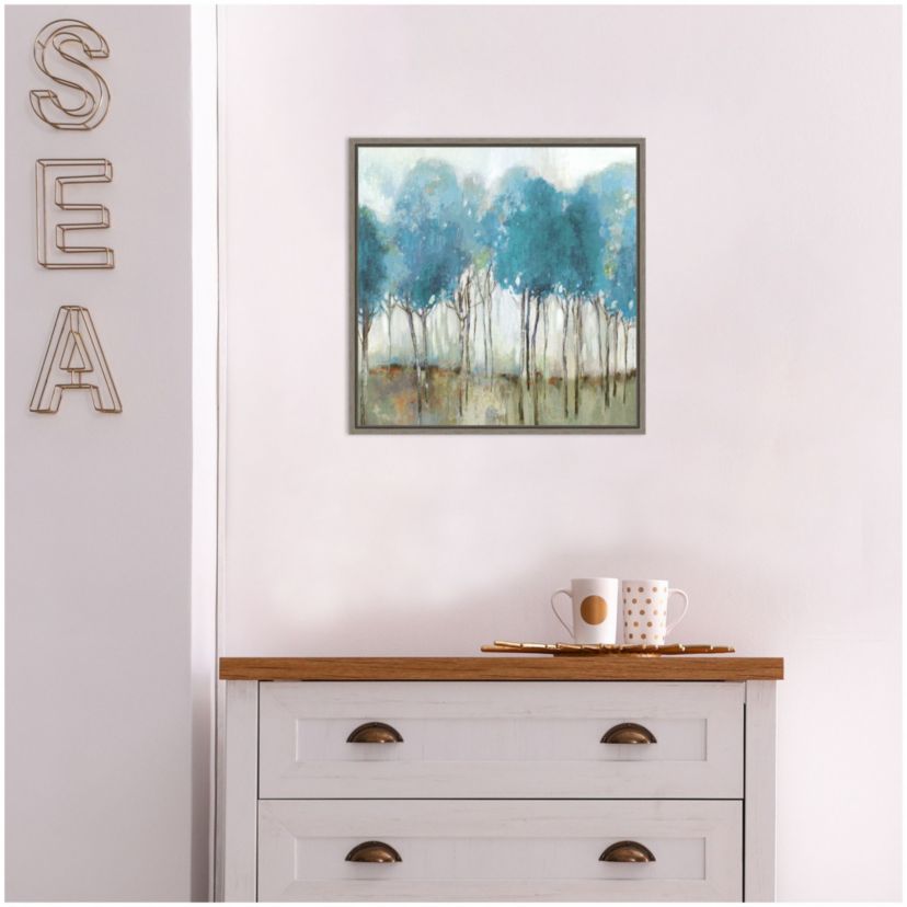 Misty Meadow I (Teal Trees) Framed Canvas Wall Art Print
