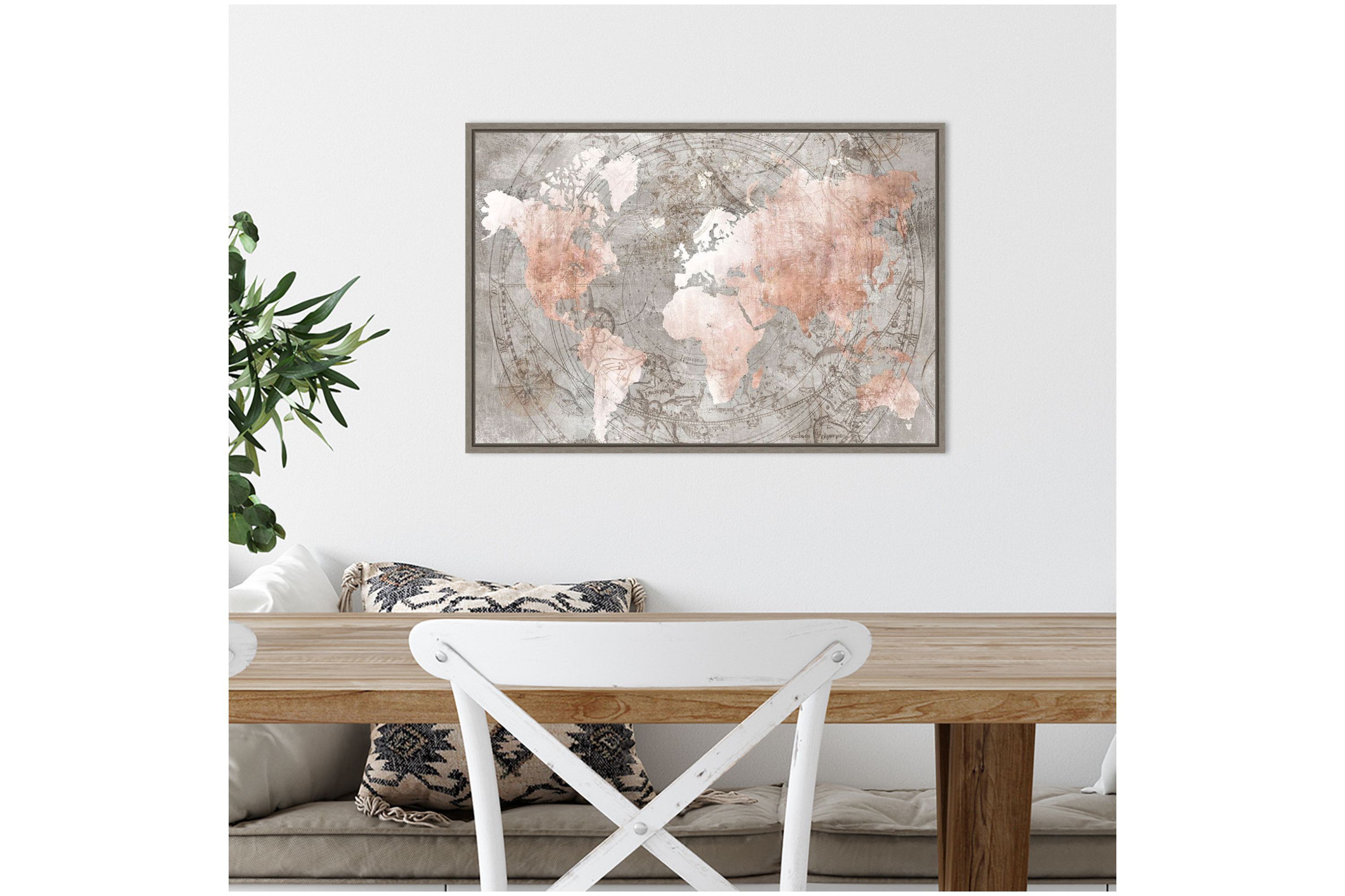 Celestial World Map (Pink) Framed Canvas Wall Art Print