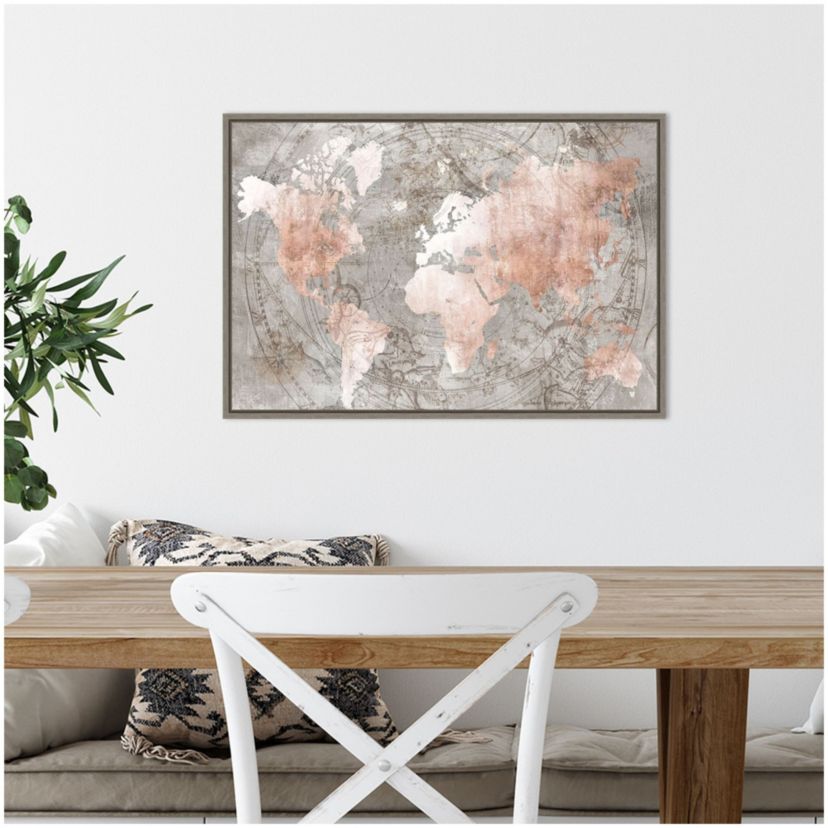 Celestial World Map (Pink) Framed Canvas Wall Art Print