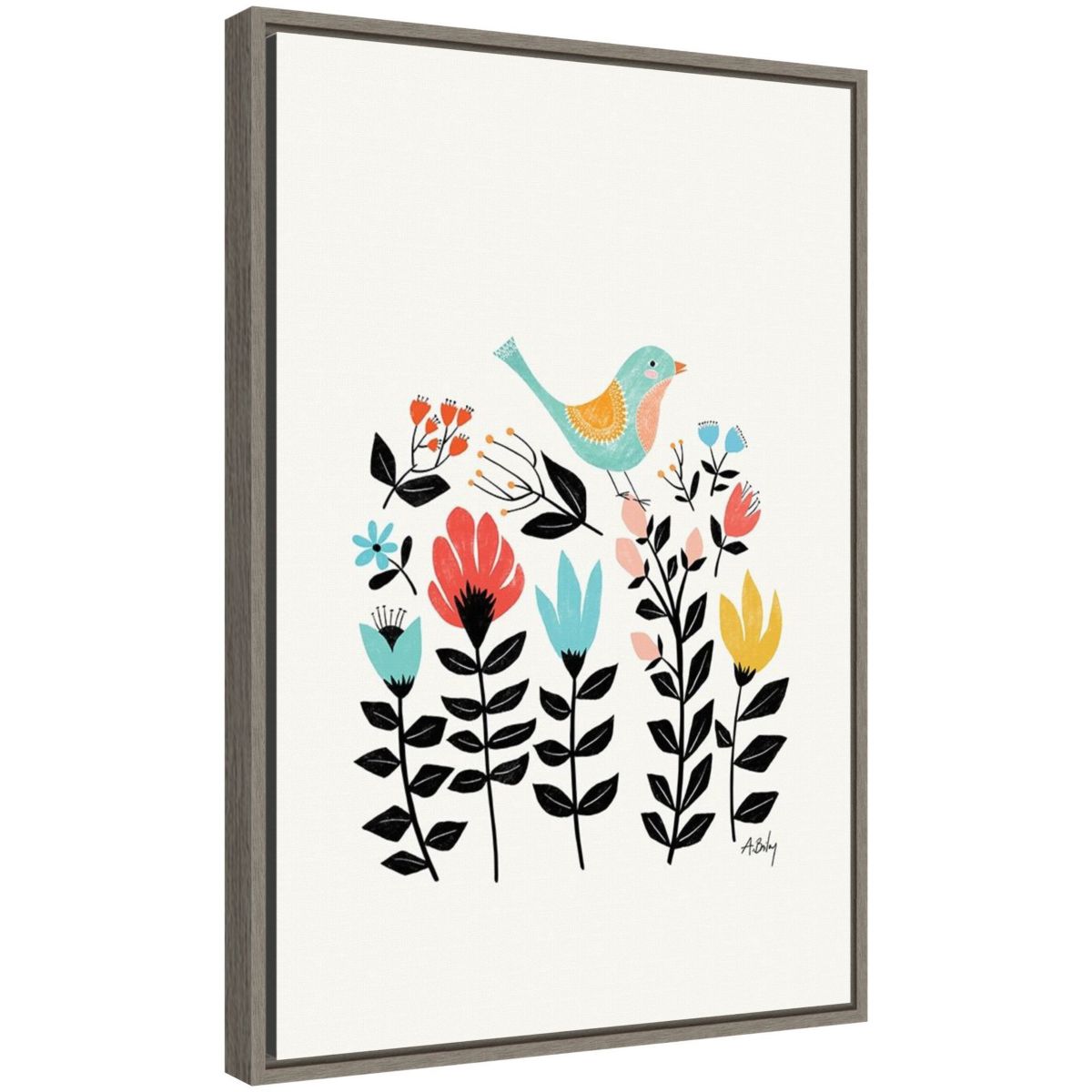 Folk Art Garden (Bird) Framed Canvas Wall Art Print