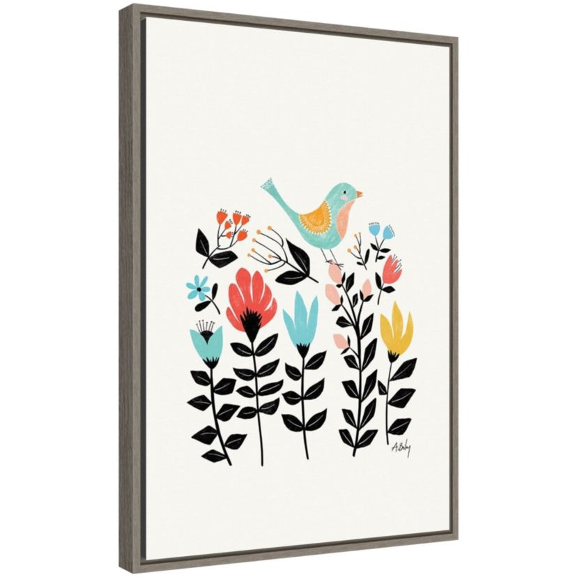 Folk Art Garden (Bird) Framed Canvas Wall Art Print