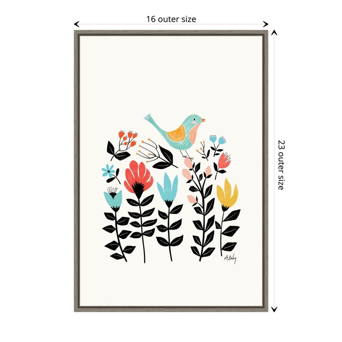 Folk Art Garden (Bird) Framed Canvas Wall Art Print