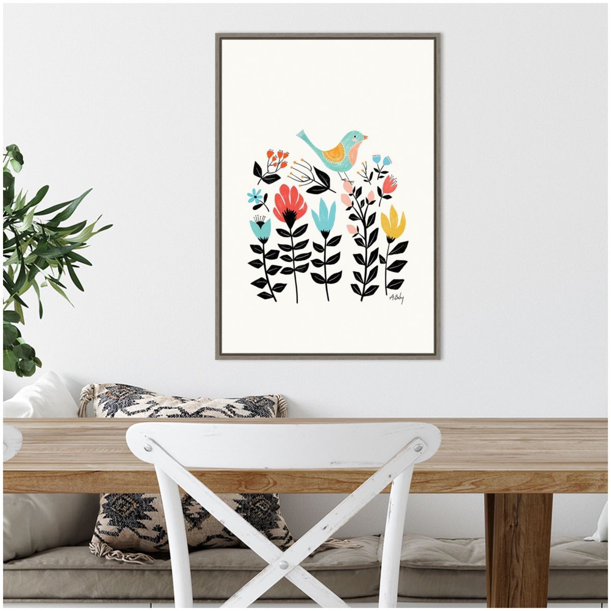 Folk Art Garden (Bird) Framed Canvas Wall Art Print