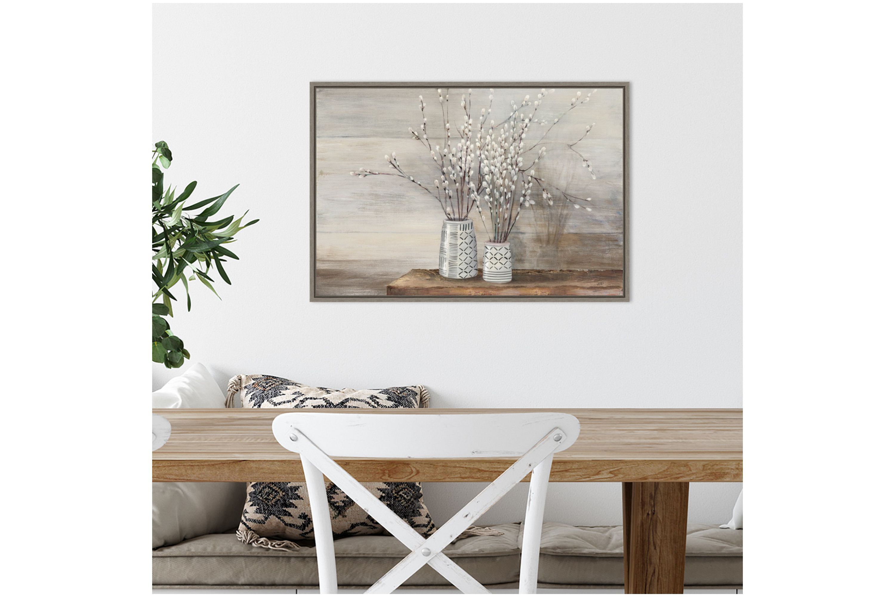 Pussy Willow Still Life with Designs Framed Canvas Wall Art Print