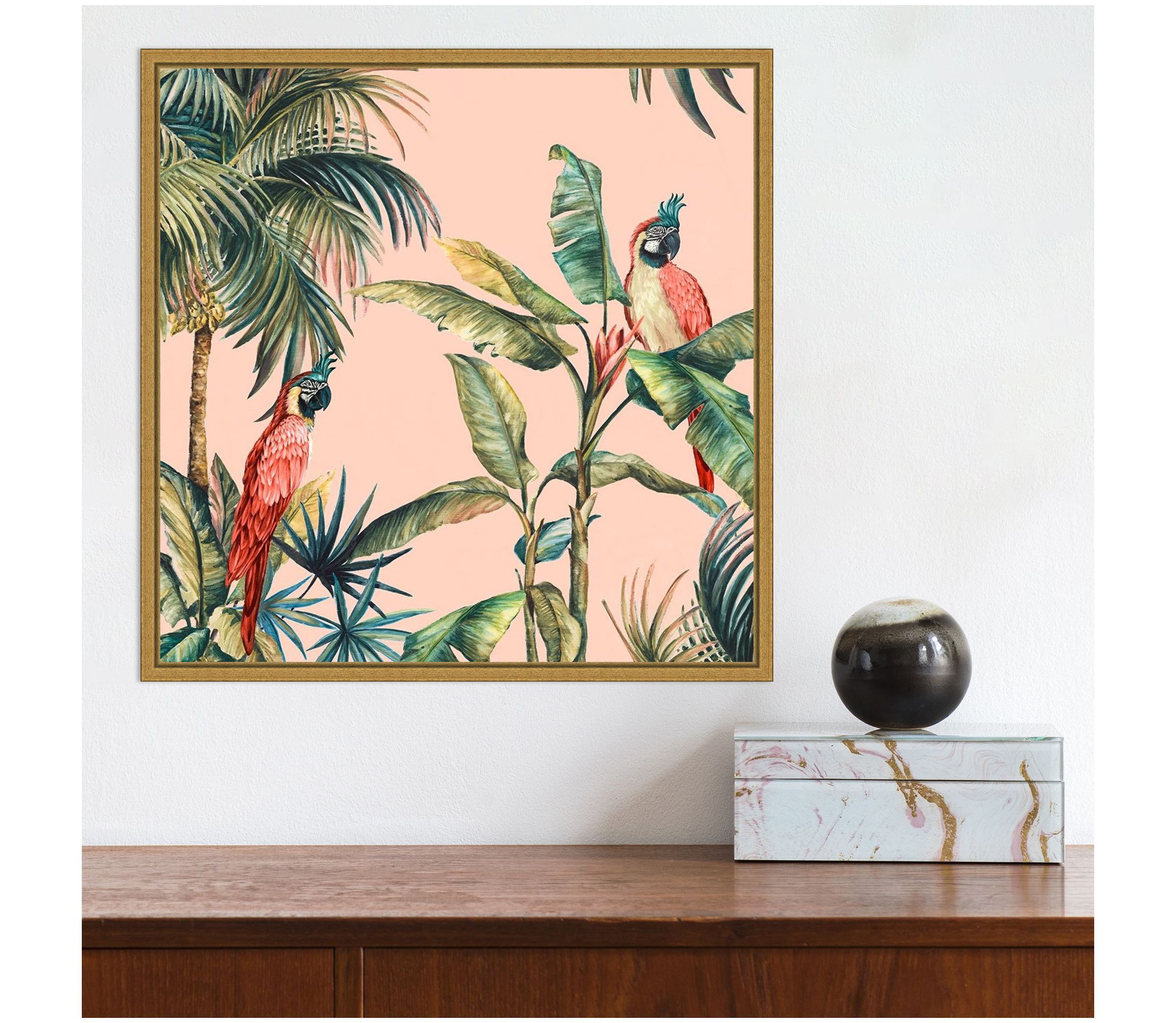 Tropicano II (Parrot in Palm) Framed Canvas Wall Art Print