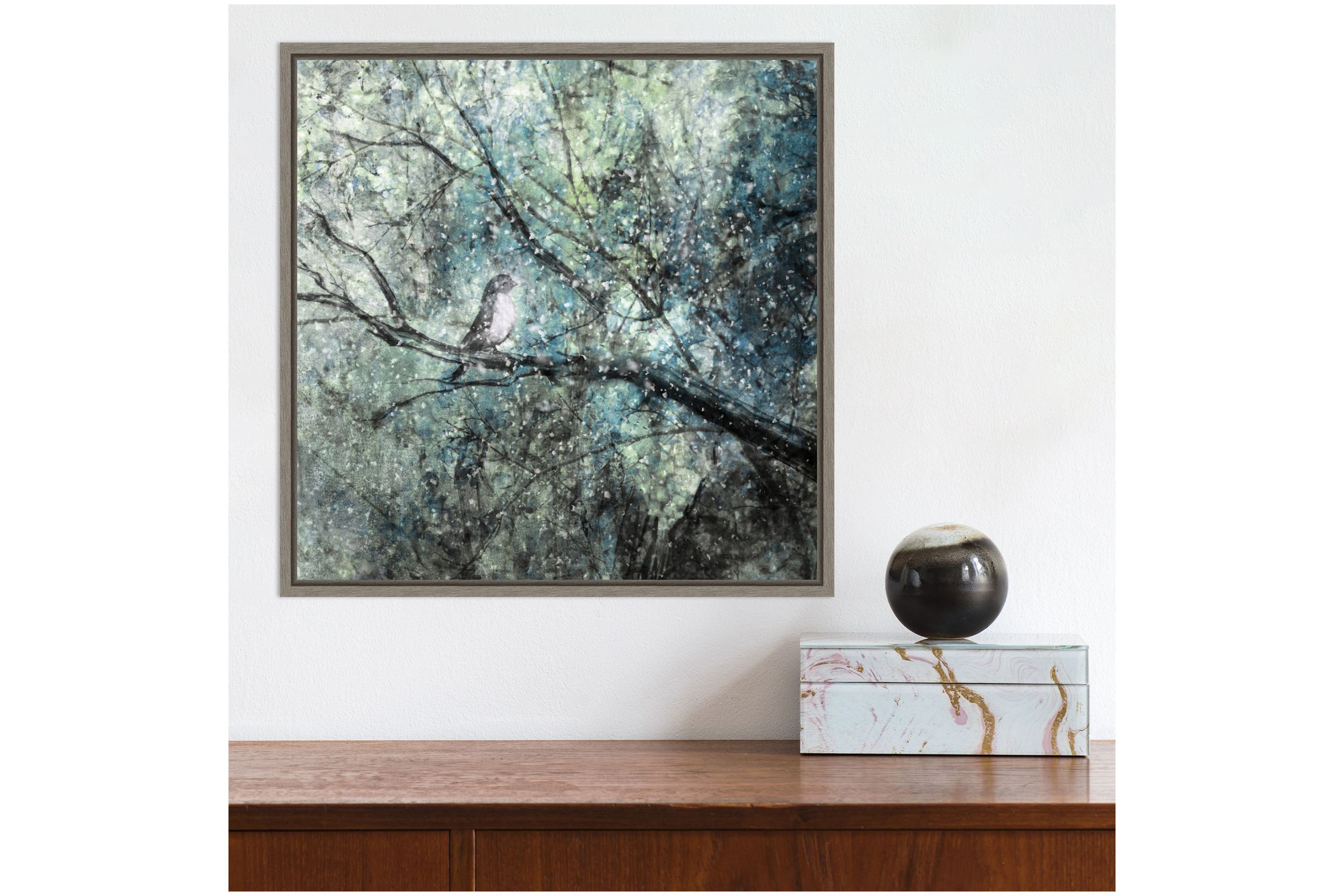 The Silence Of The Snow (Bird in Tree) Framed Canvas Wall Art Print
