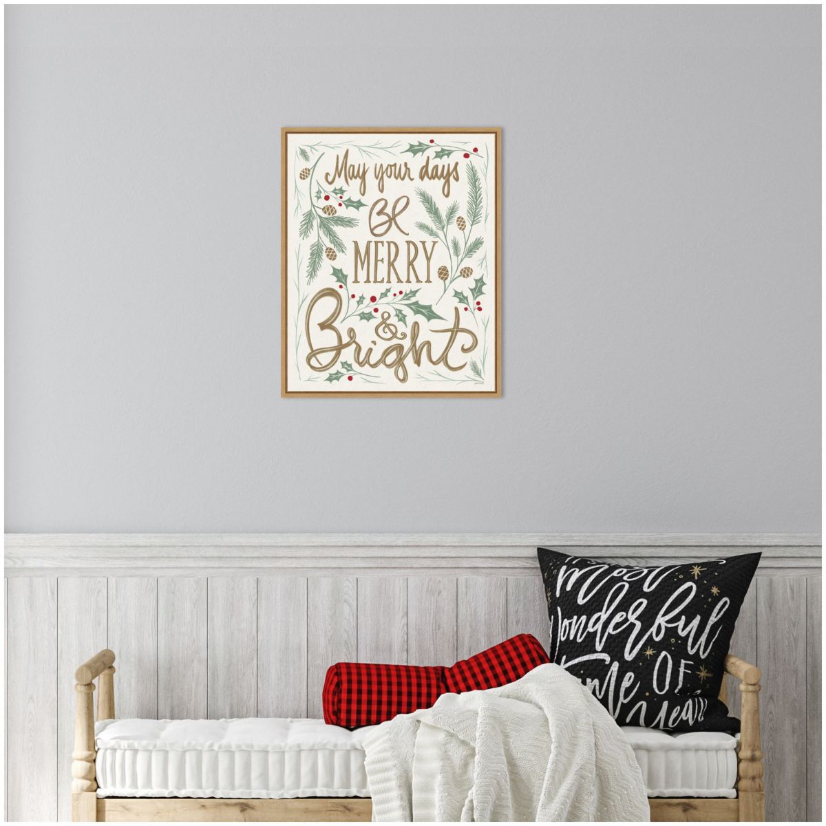 Merry and Bright Holly Framed Canvas Wall Art Print