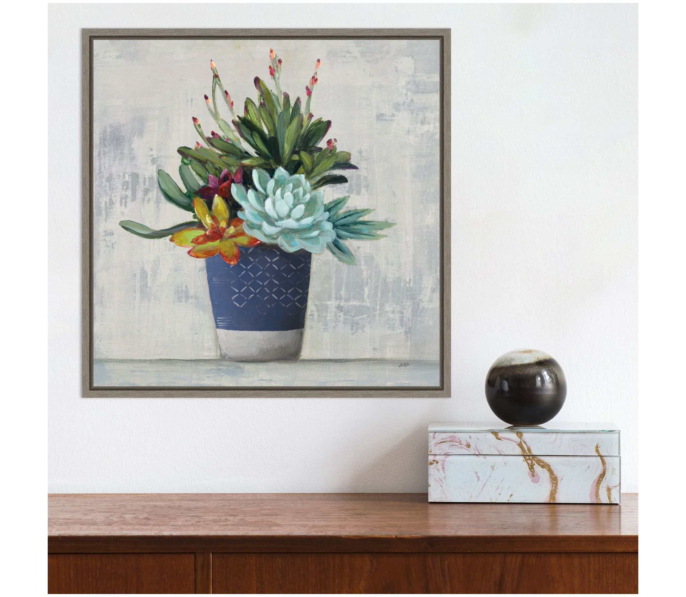 Succulent Still Life I Navy Framed Canvas Wall Art Print