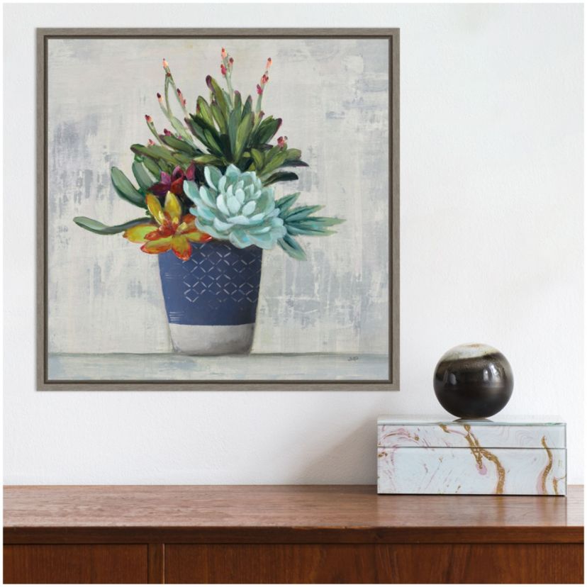 Succulent Still Life I Navy Framed Canvas Wall Art Print