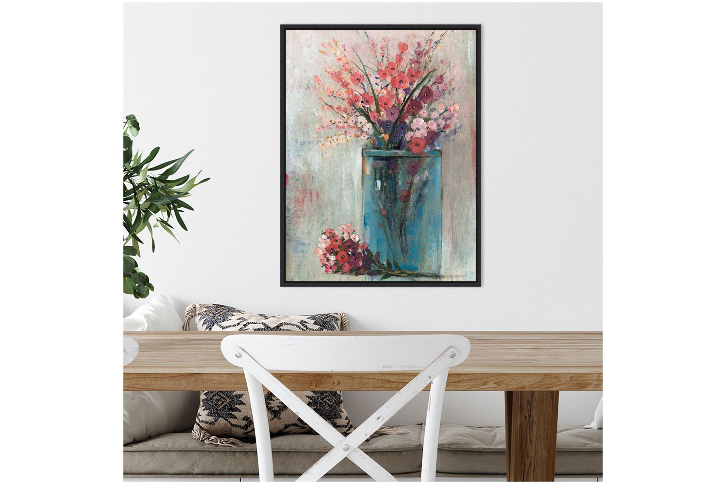 Blue Jar and Red Flowers Framed Canvas Wall Art Print