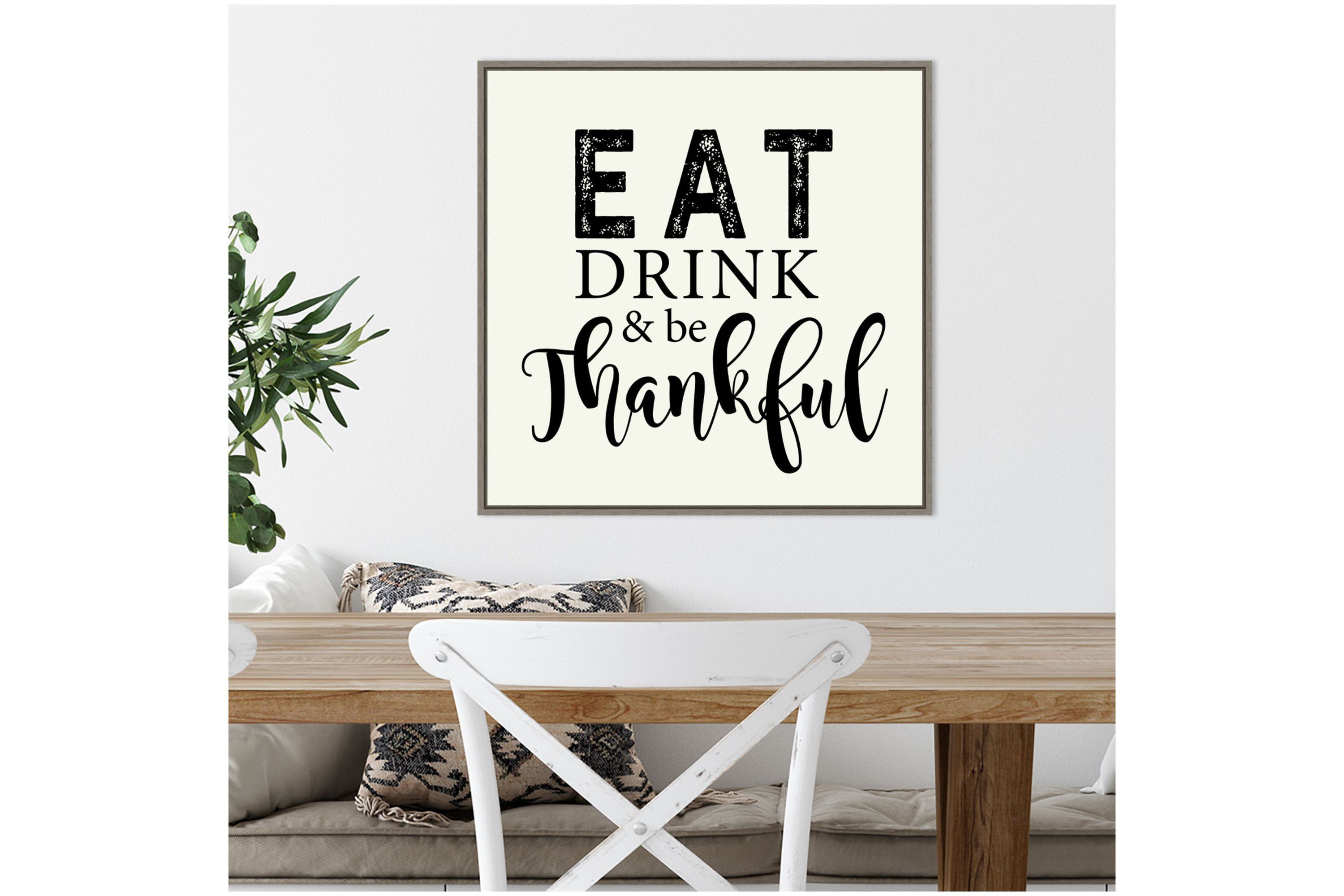 Eat Drink and Be Thankful Script Framed Canvas Wall Art Print