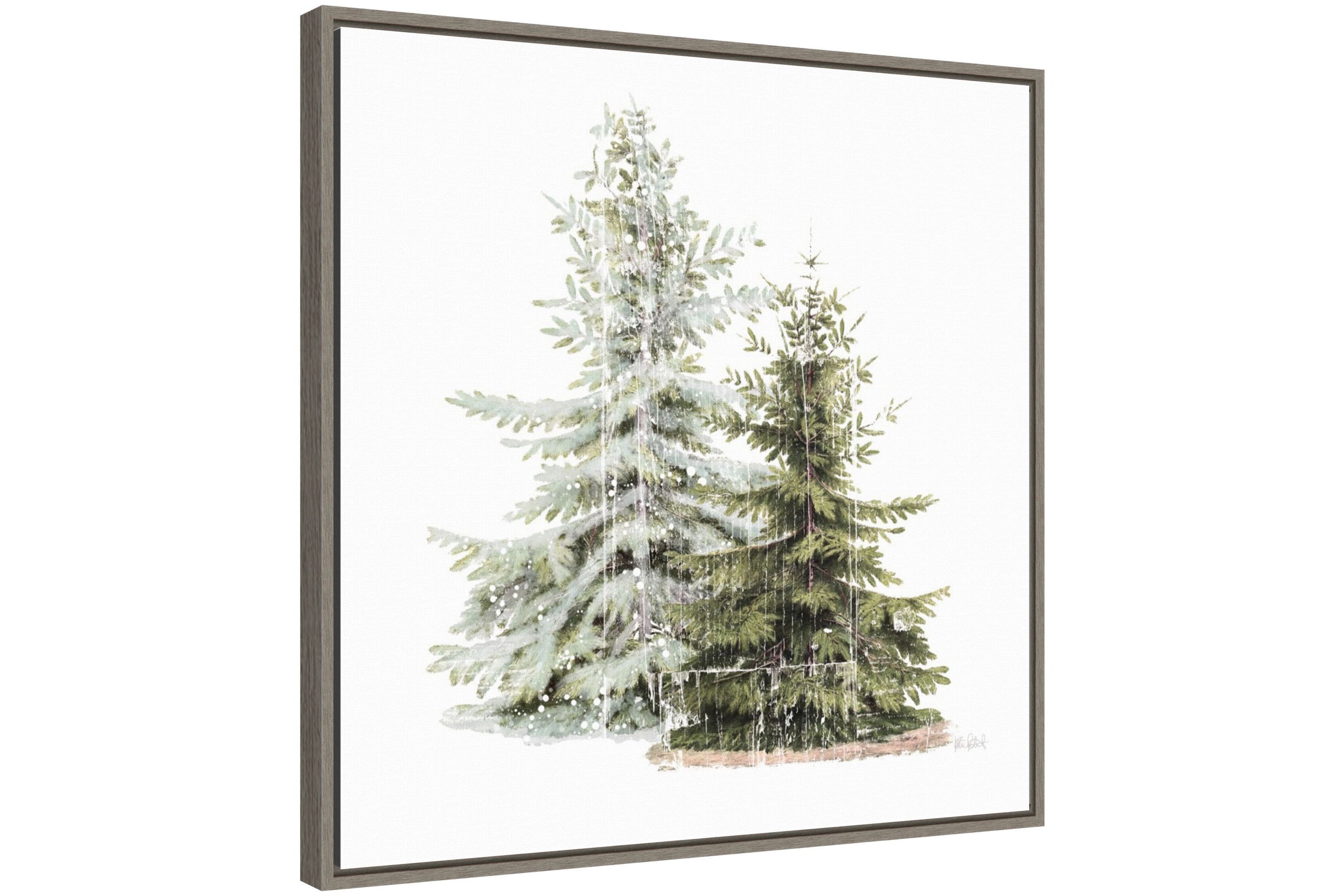 Vintage Wooded Holiday Trees in Snow Framed Canvas Wall Art Print