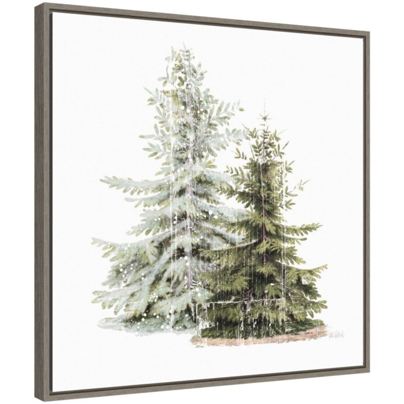 Vintage Wooded Holiday Trees in Snow Framed Canvas Wall Art Print