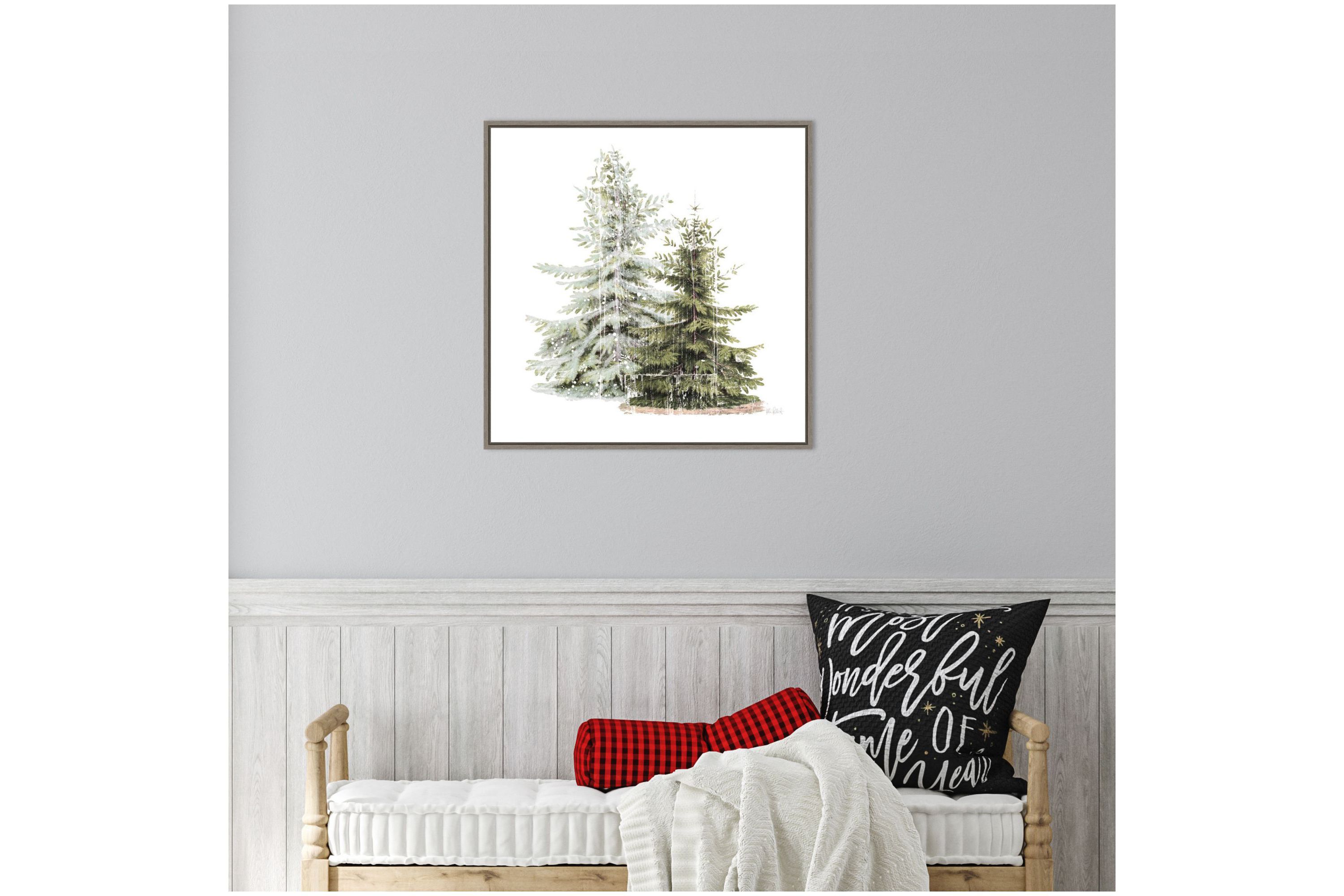 Vintage Wooded Holiday Trees in Snow Framed Canvas Wall Art Print