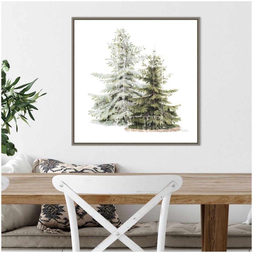 Vintage Wooded Holiday Trees in Snow Framed Canvas Wall Art Print
