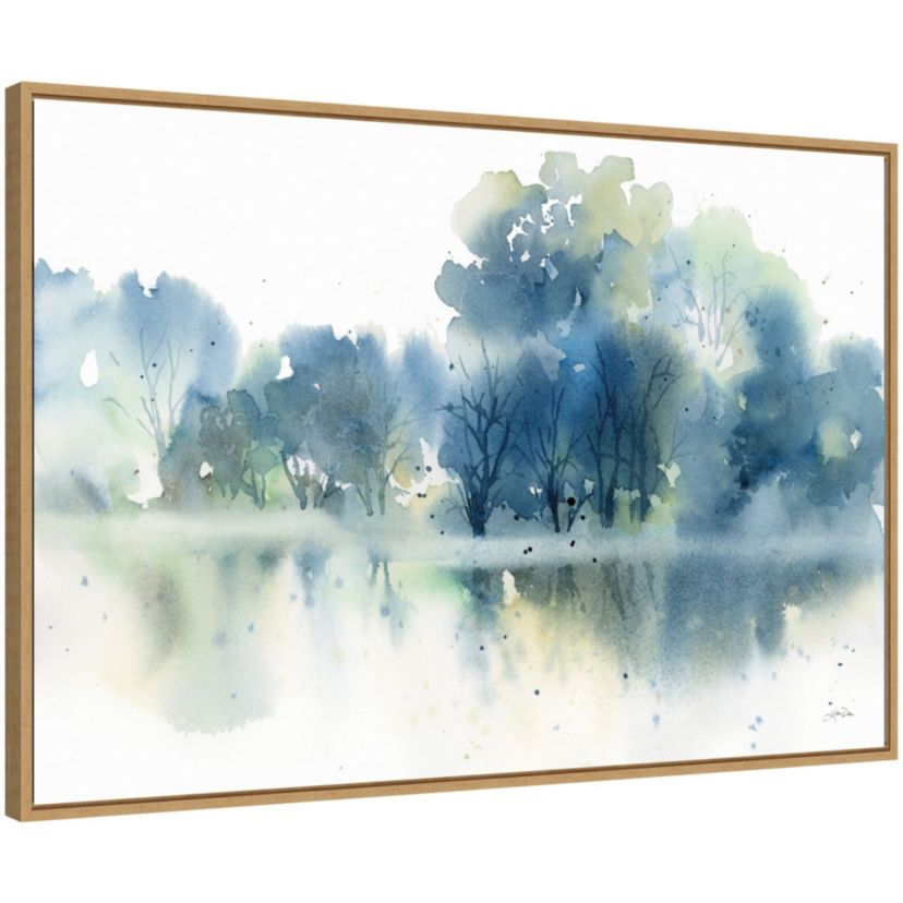 Trees Reflected in Blue Pond Framed Canvas Wall Art Print