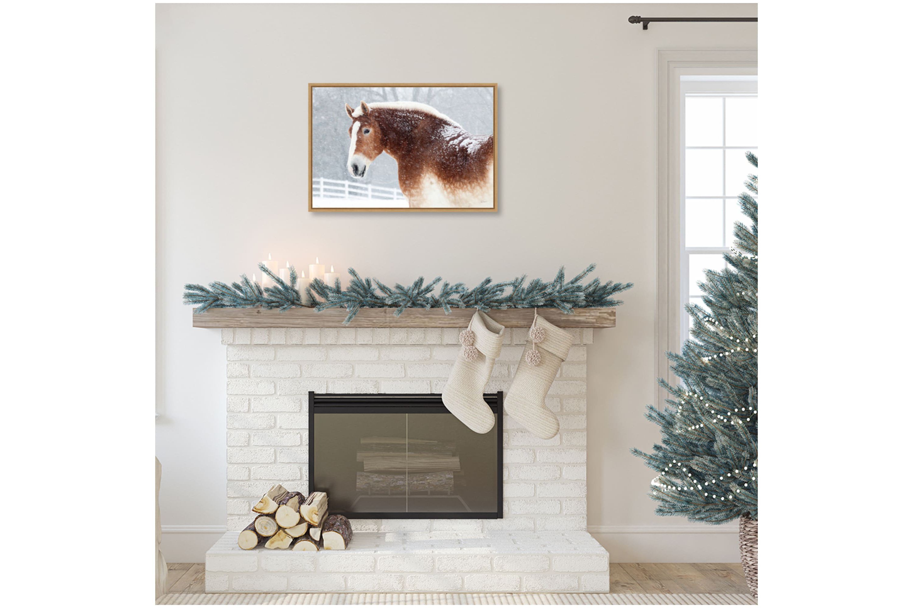 Snowy Draft Horse Framed Canvas Wall Art Print