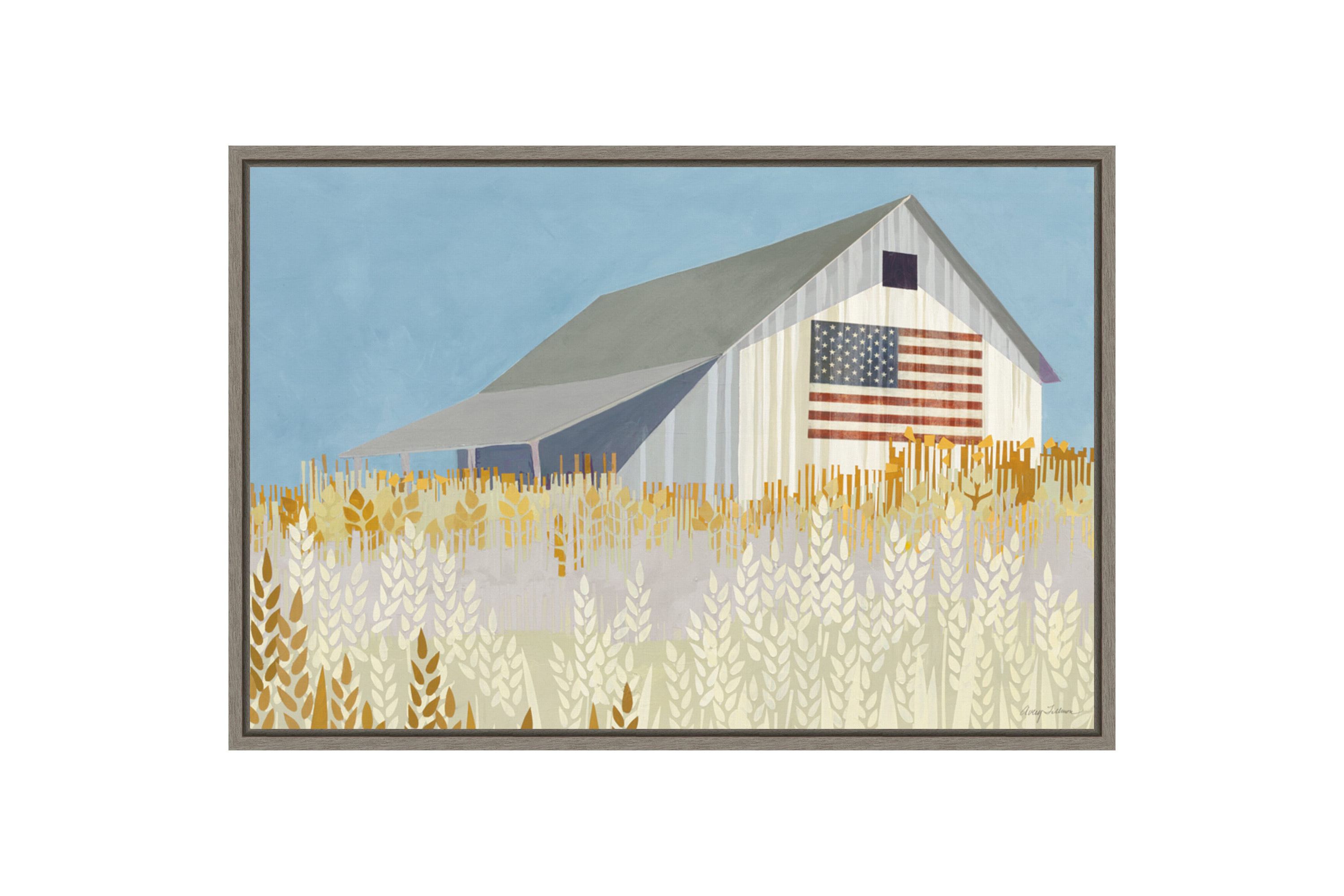 Wheat Fields Barn with American Flag Framed Canvas Wall Art Print