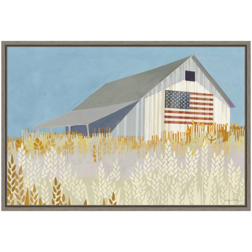 Wheat Fields Barn with American Flag Framed Canvas Wall Art Print