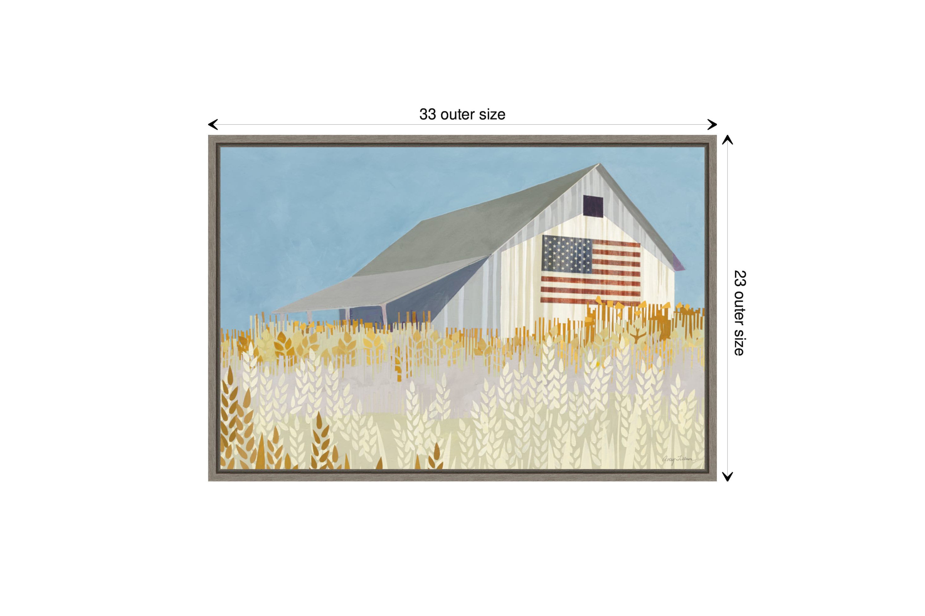 Wheat Fields Barn with American Flag Framed Canvas Wall Art Print