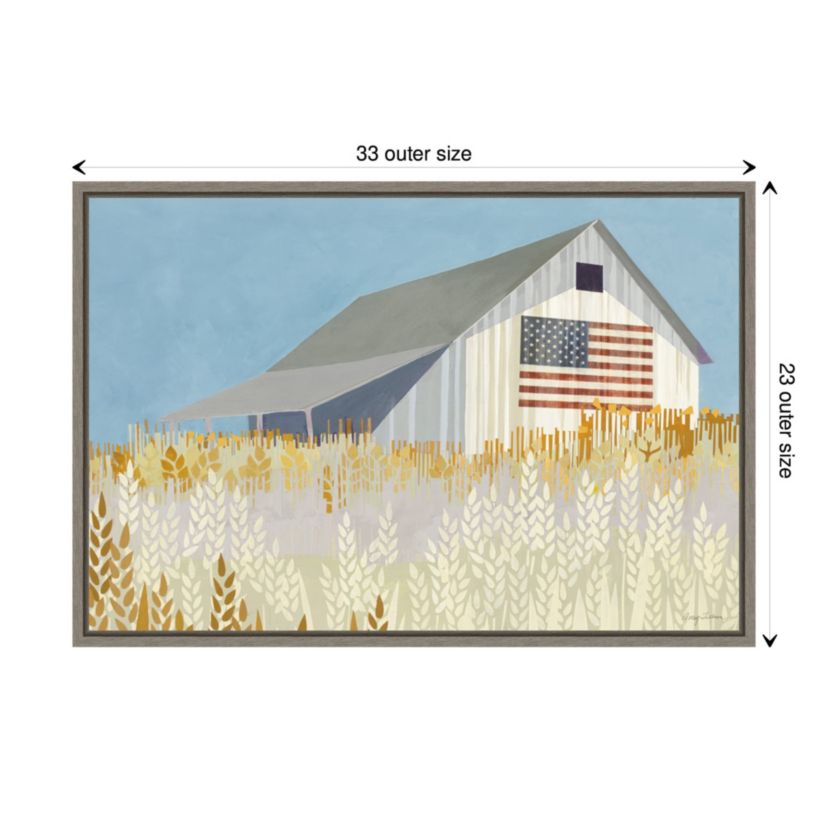 Wheat Fields Barn with American Flag Framed Canvas Wall Art Print