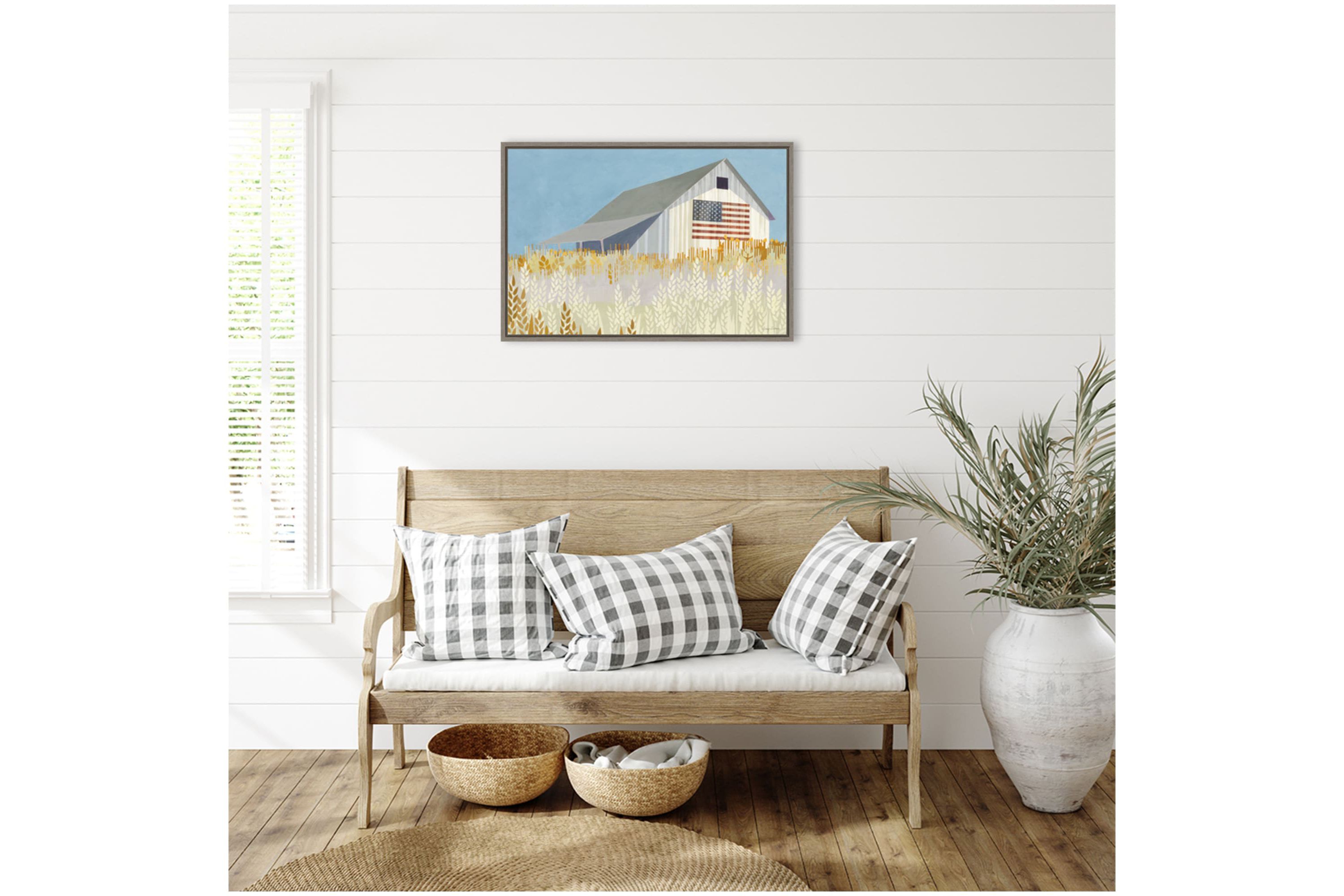 Wheat Fields Barn with American Flag Framed Canvas Wall Art Print
