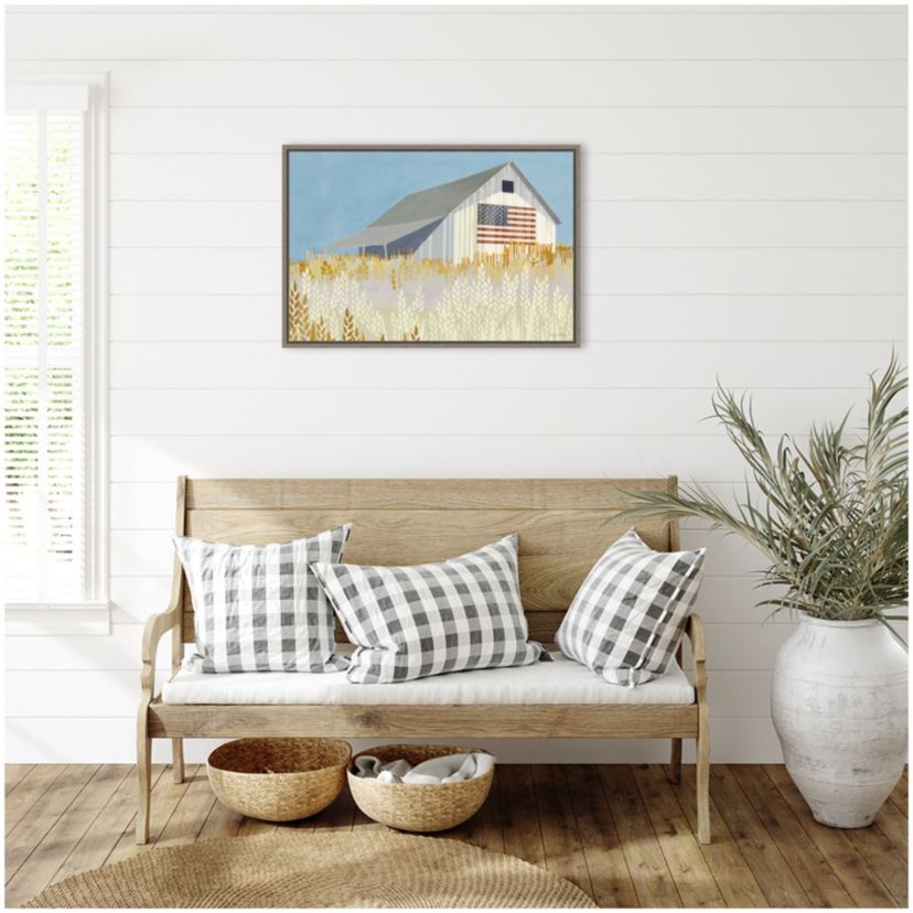 Wheat Fields Barn with American Flag Framed Canvas Wall Art Print