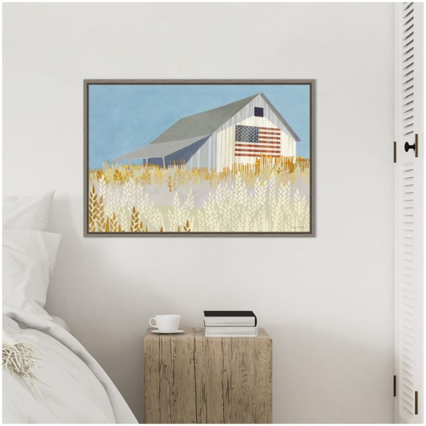 Wheat Fields Barn with American Flag Framed Canvas Wall Art Print
