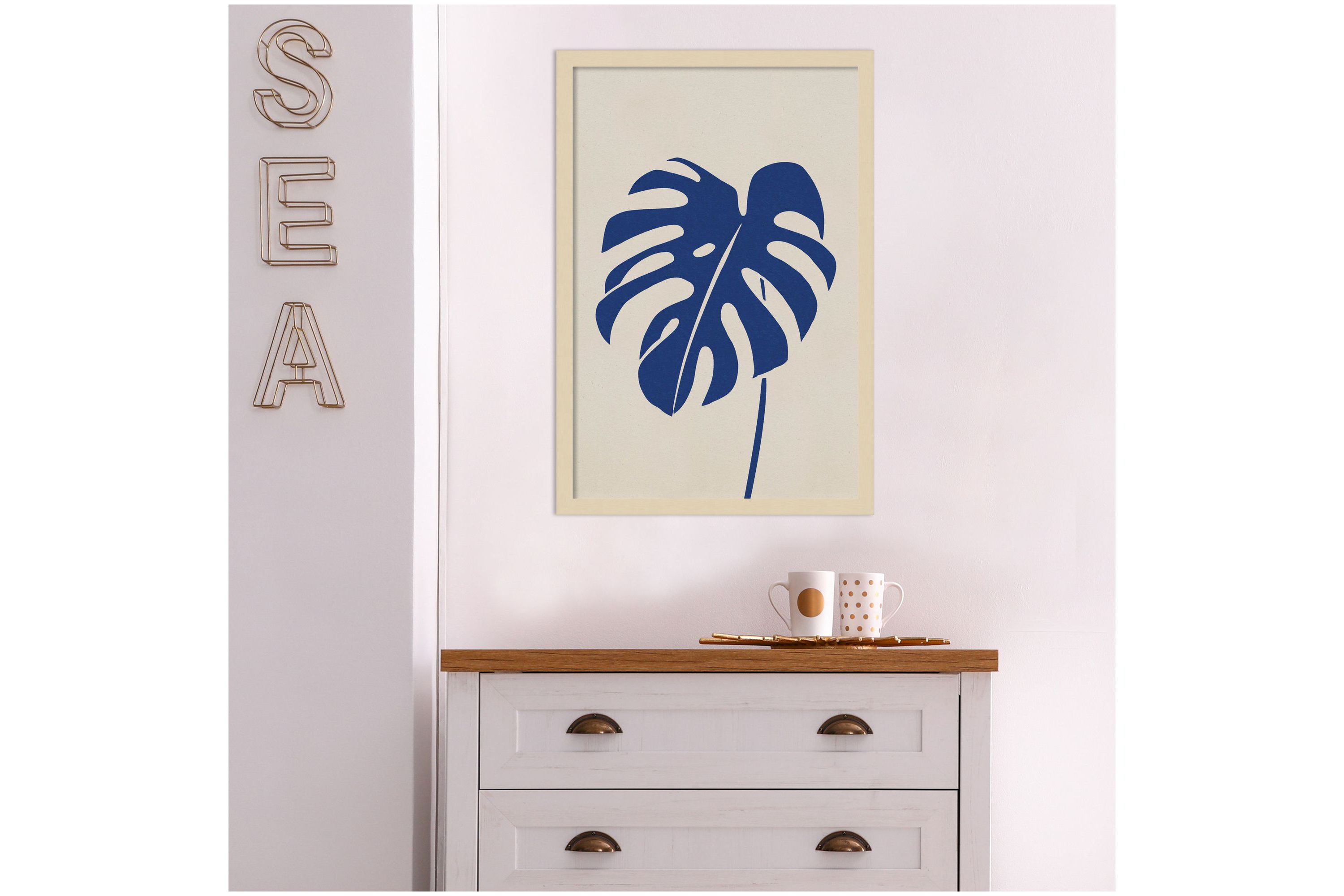 Monstera In Blue by Simon West Wood Framed Wall Art Print