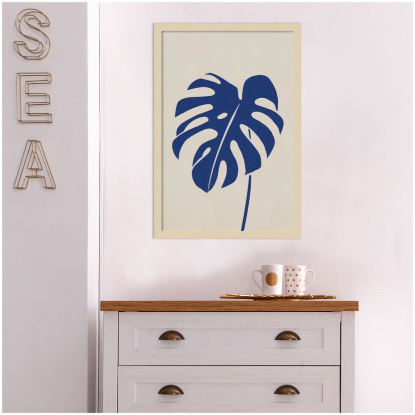 Monstera In Blue by Simon West Wood Framed Wall Art Print