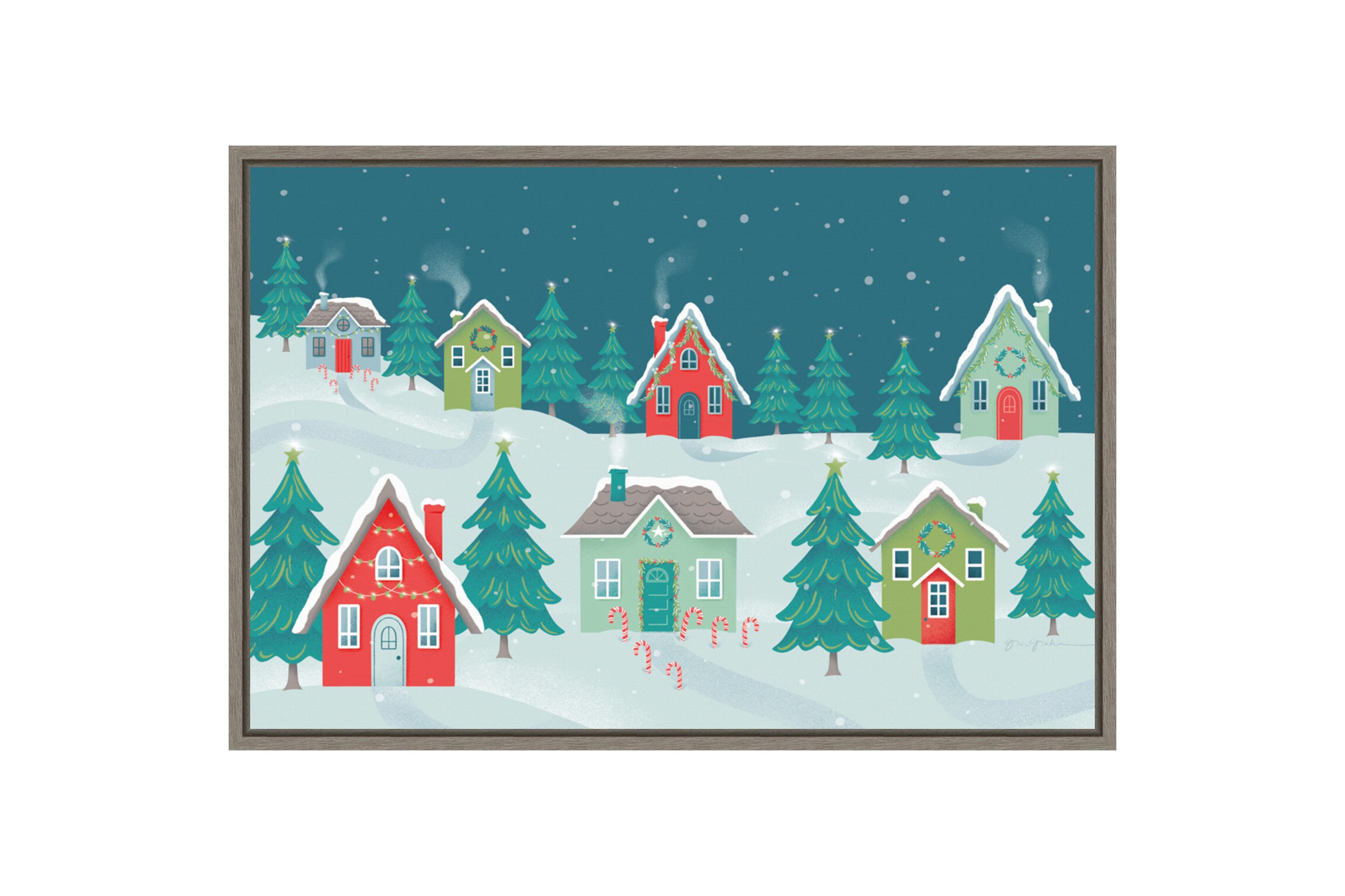 Fa La La I Christmas Houses Framed Canvas Wall Art Print