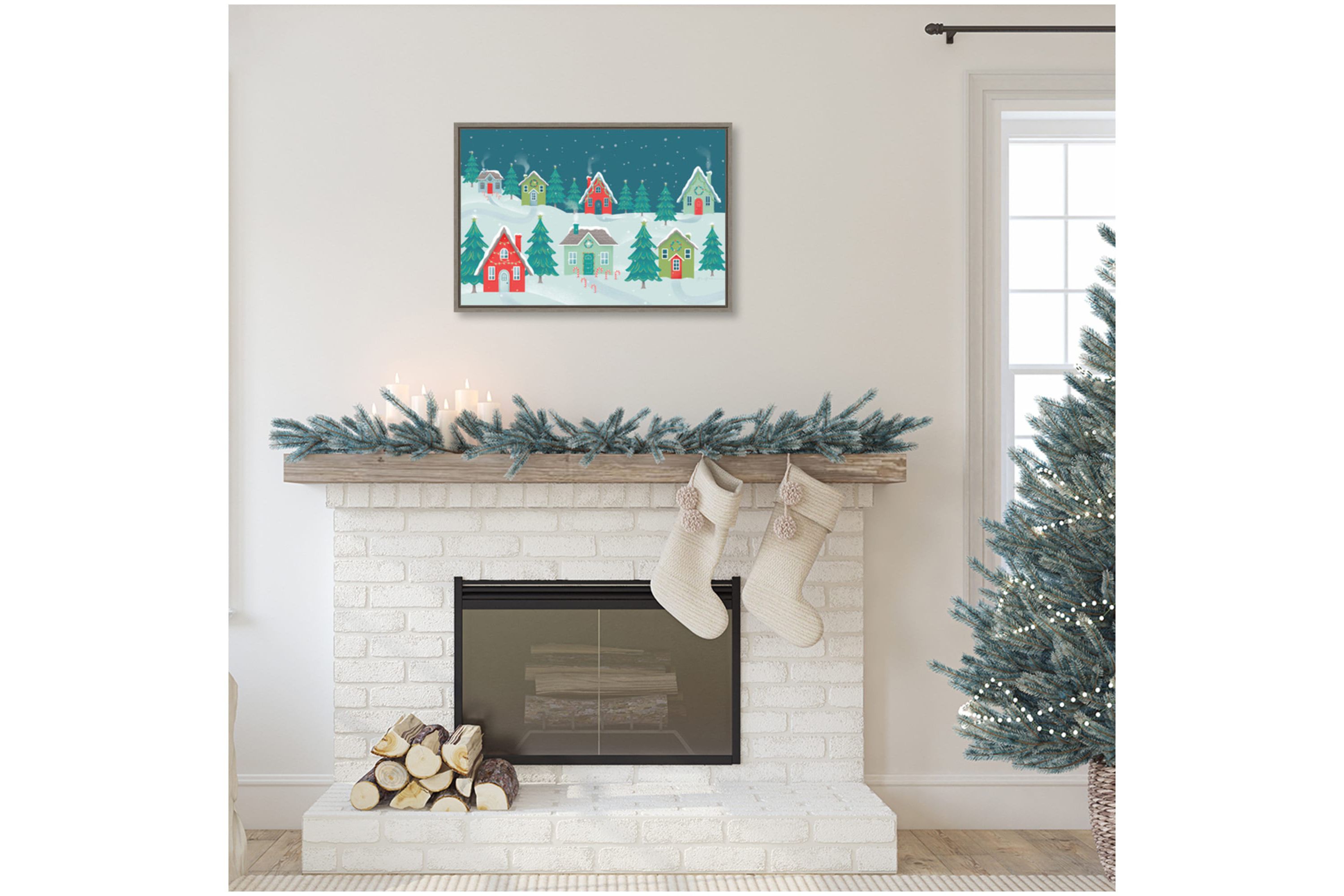 Fa La La I Christmas Houses Framed Canvas Wall Art Print