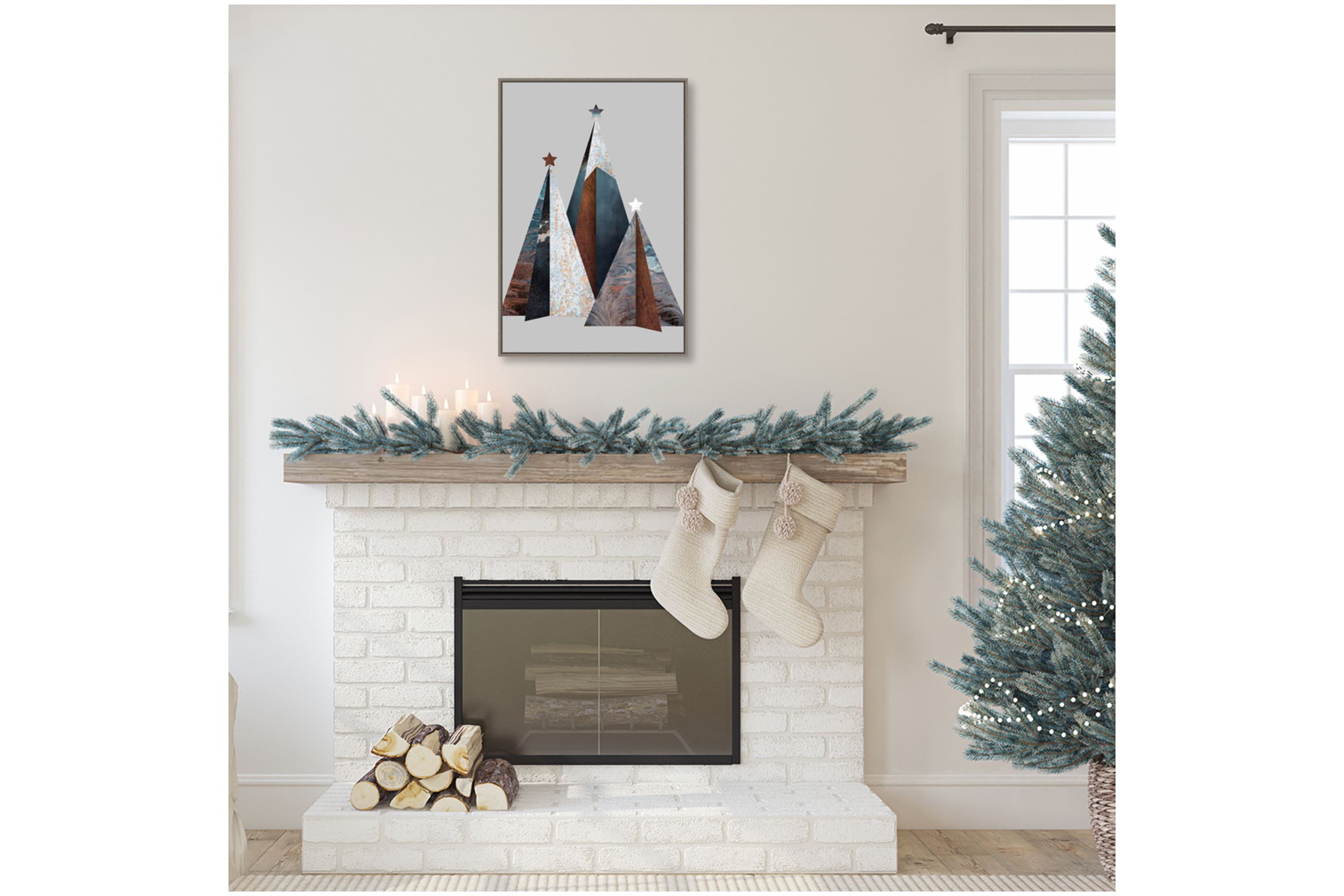Three Christmas Trees Framed Canvas Wall Art Print