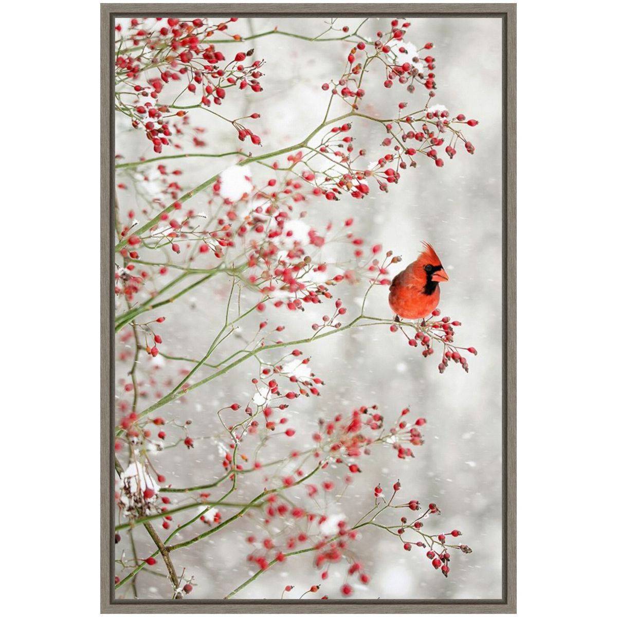 Red Cardinal and Red Berries Framed Canvas Wall Art Print