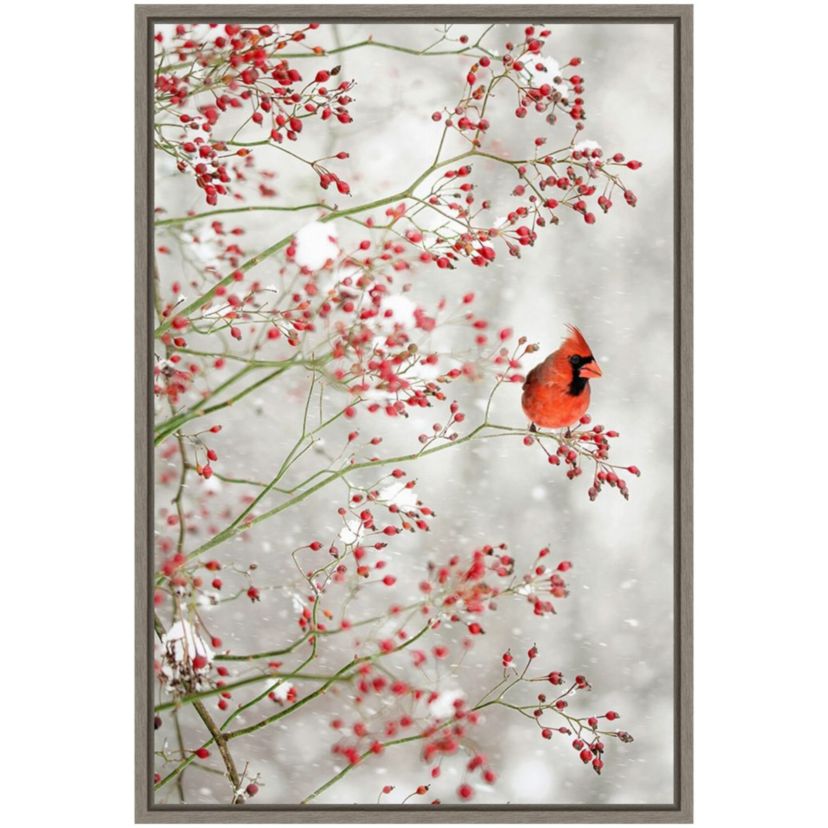 Red Cardinal and Red Berries Framed Canvas Wall Art Print