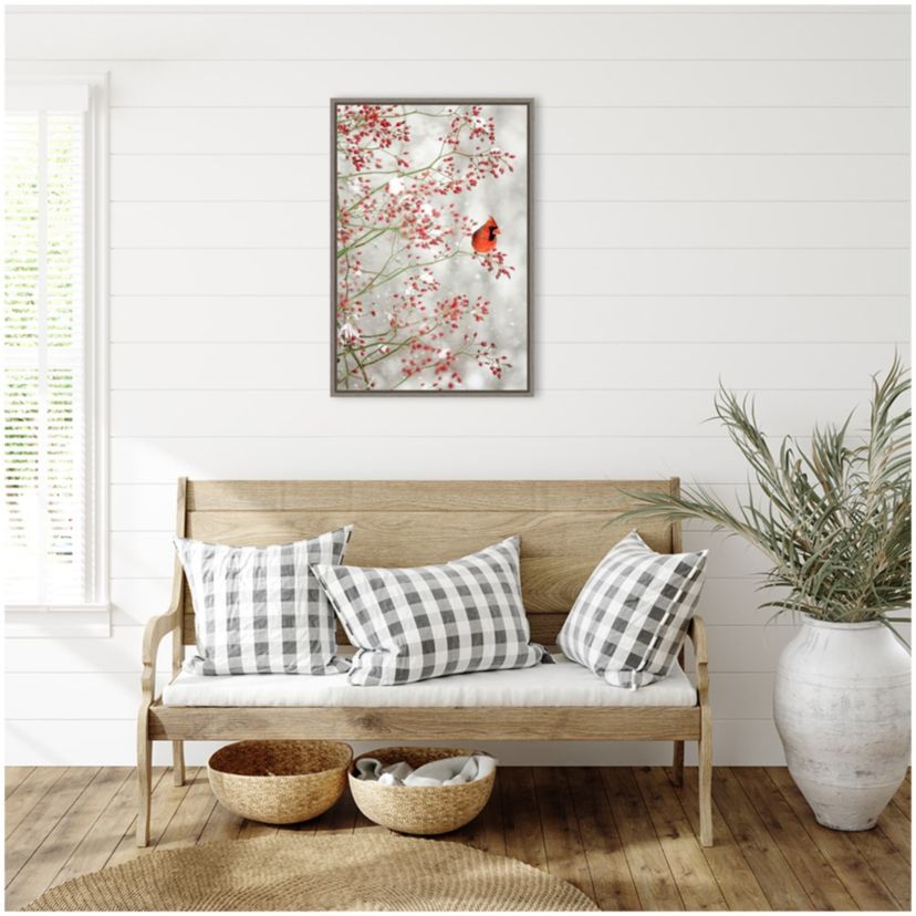 Red Cardinal and Red Berries Framed Canvas Wall Art Print