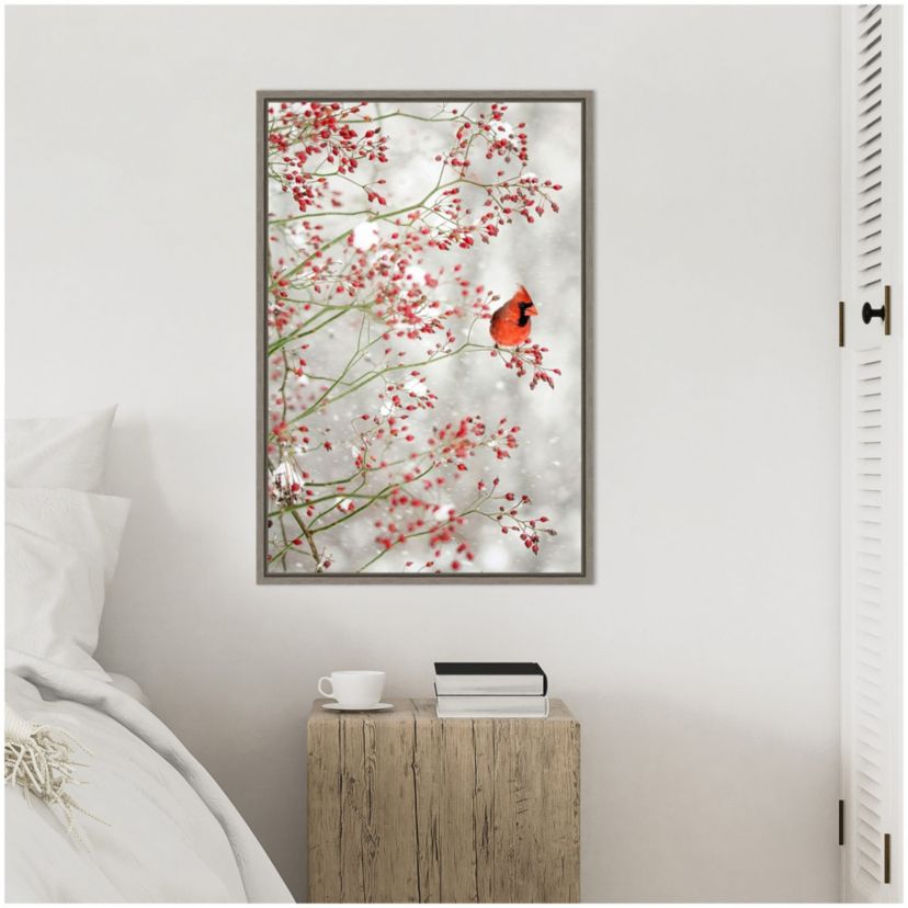 Red Cardinal and Red Berries Framed Canvas Wall Art Print