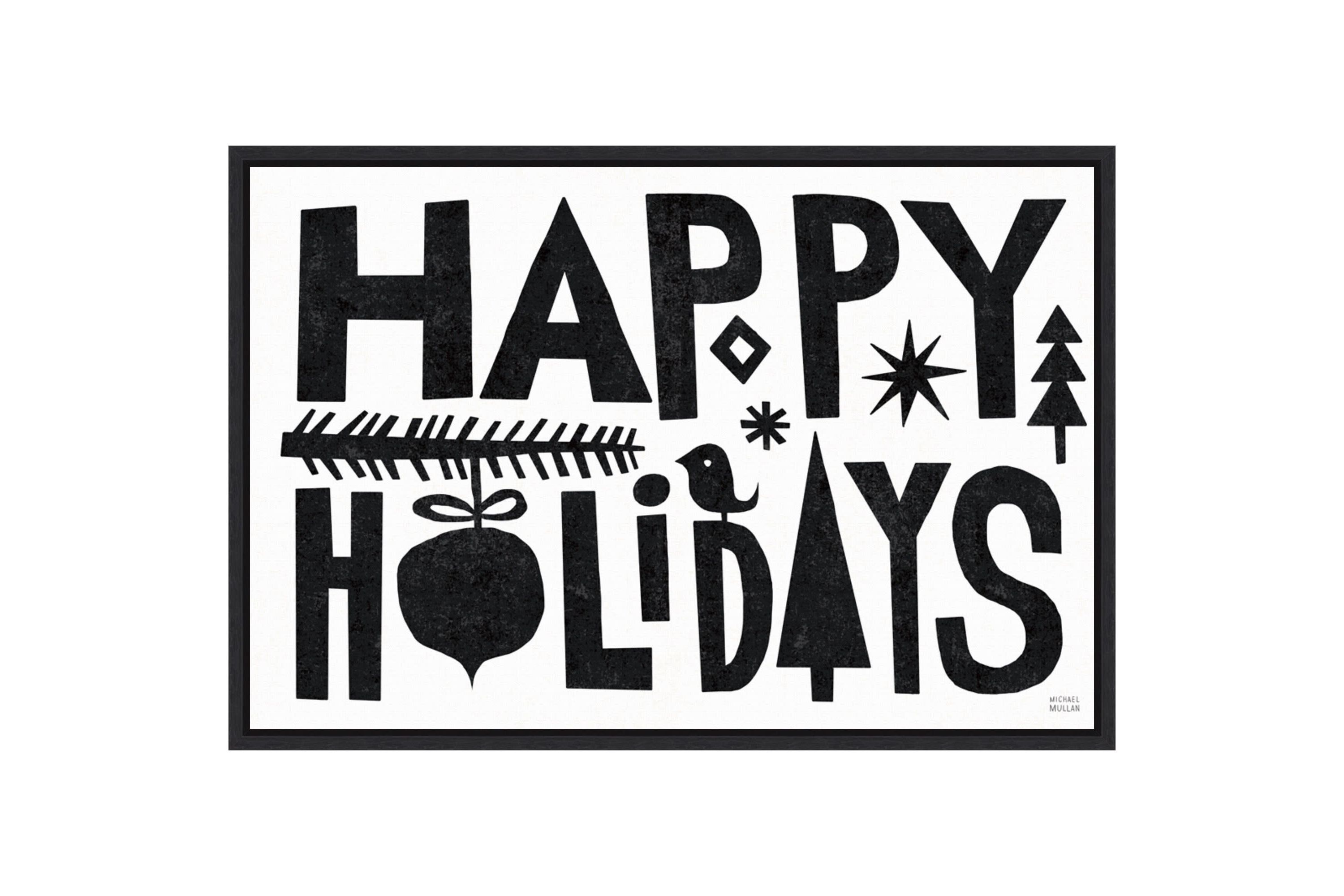 Christmas Whimsy Happy Holidays Black Framed Canvas Wall Art Print