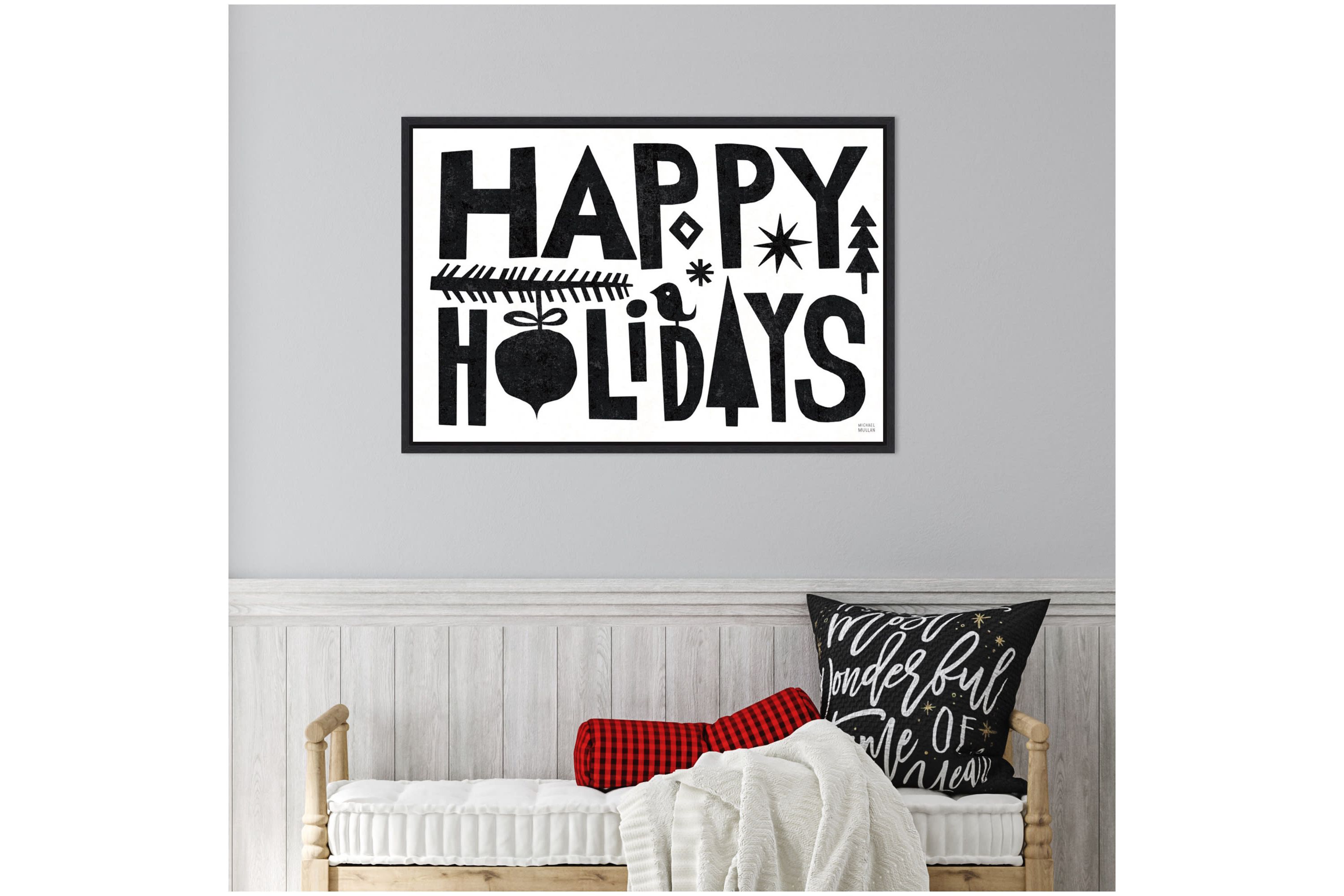 Christmas Whimsy Happy Holidays Black Framed Canvas Wall Art Print