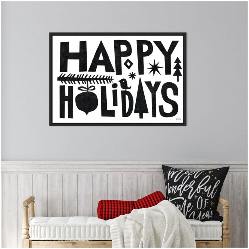 Christmas Whimsy Happy Holidays Black Framed Canvas Wall Art Print
