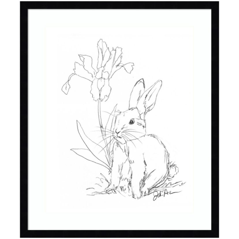 Bunny Sketch with Iris by Jodi Augustine Wood Framed Wall Art Print