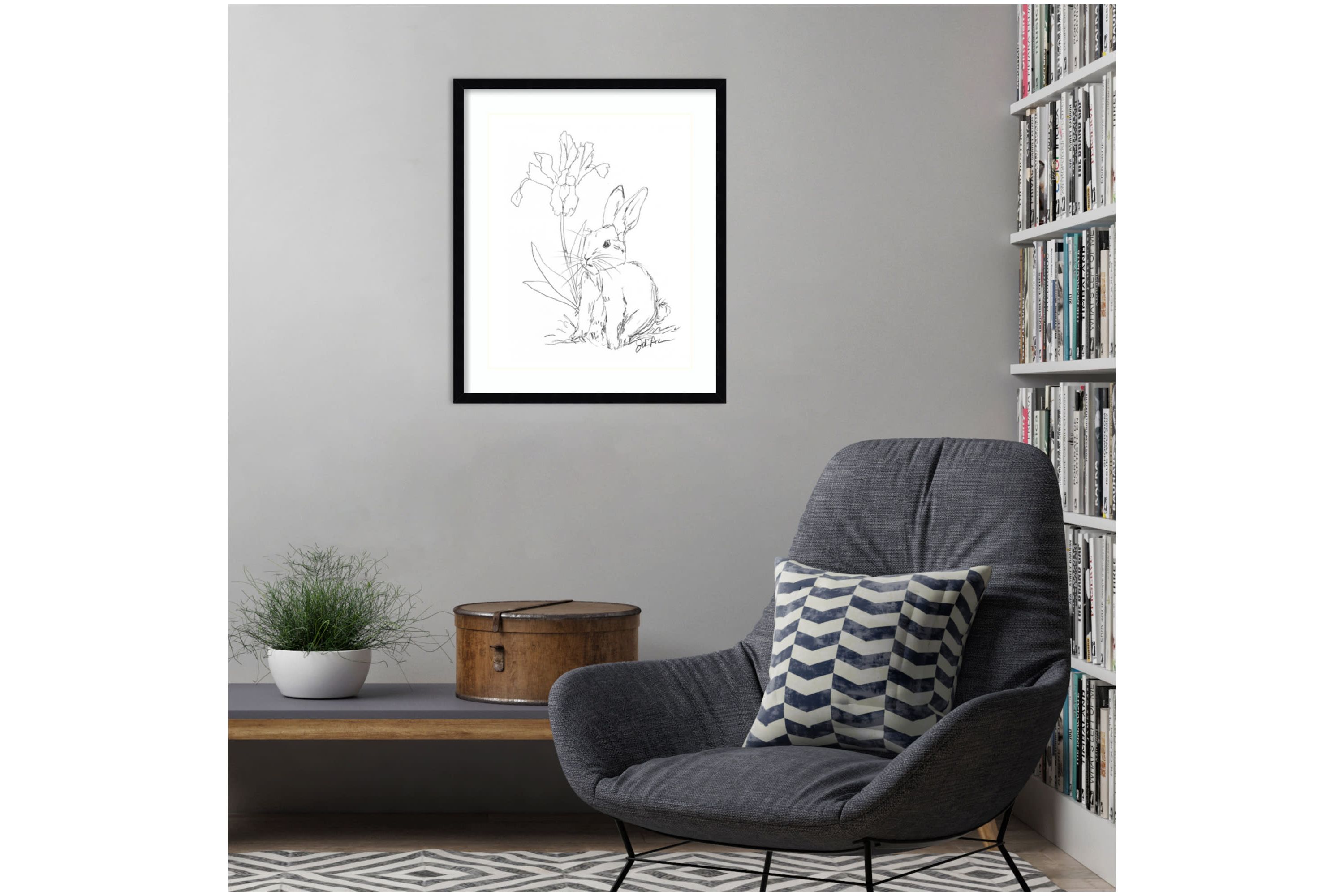 Bunny Sketch with Iris by Jodi Augustine Wood Framed Wall Art Print
