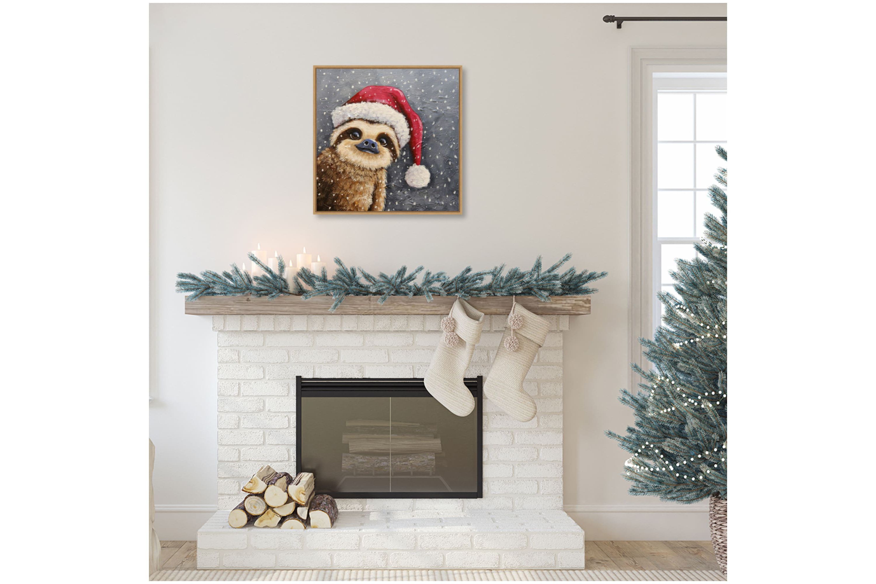 Merry Christmas Sloth Framed Canvas Wall Art Print