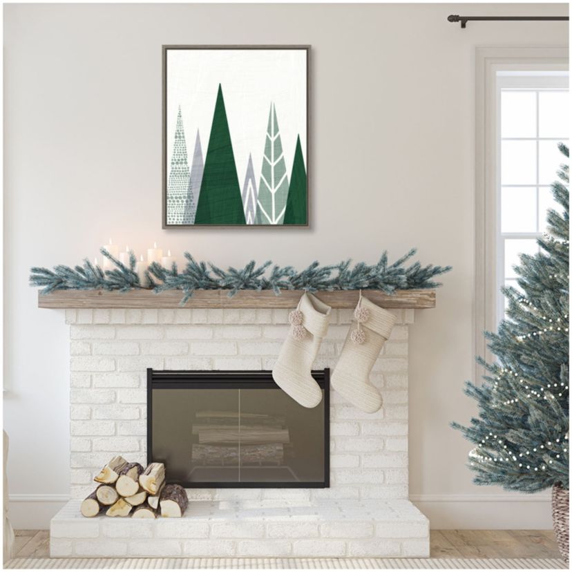 Geometric Forest II Green Gray Framed Canvas Wall Art Print