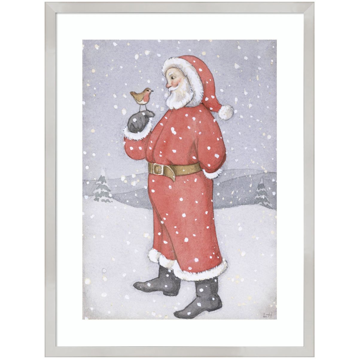 Father Christmas and a Robin by Lavinia Hamer Wood Framed Wall Art Print