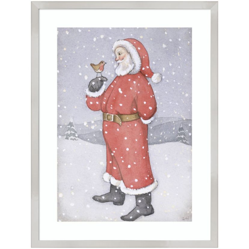 Father Christmas and a Robin by Lavinia Hamer Wood Framed Wall Art Print
