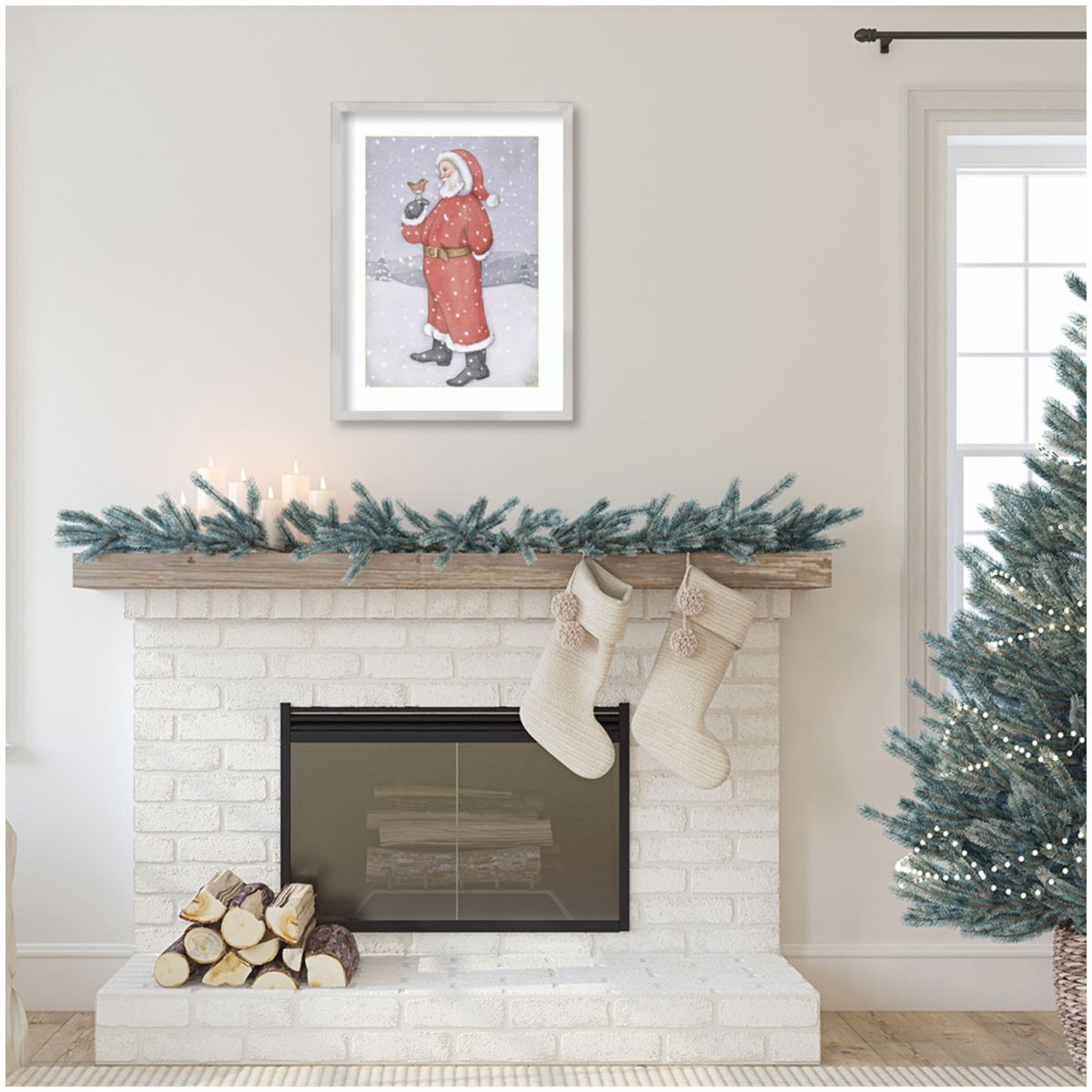 Father Christmas and a Robin by Lavinia Hamer Wood Framed Wall Art Print