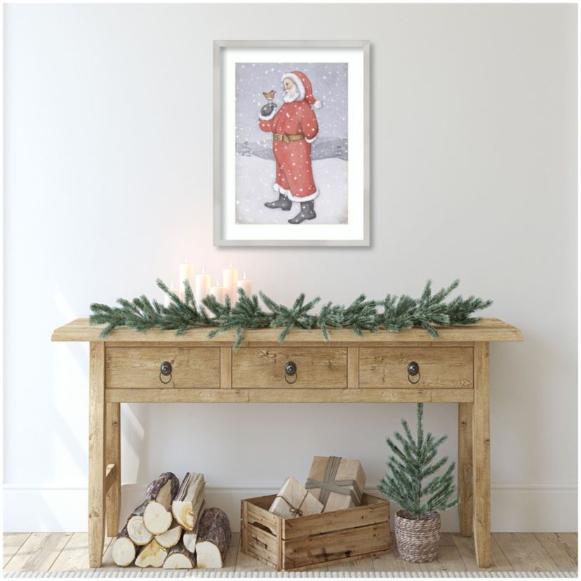 Father Christmas and a Robin by Lavinia Hamer Wood Framed Wall Art Print